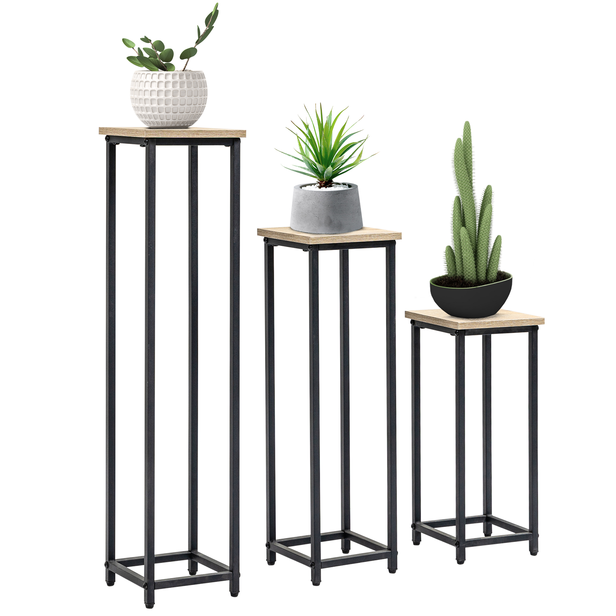 3-teiliges Set Pflanzenständer stapelbar platzsparend 21 cm x 21 cm x 50/70/90 cm Stahl Braun + Schwarz