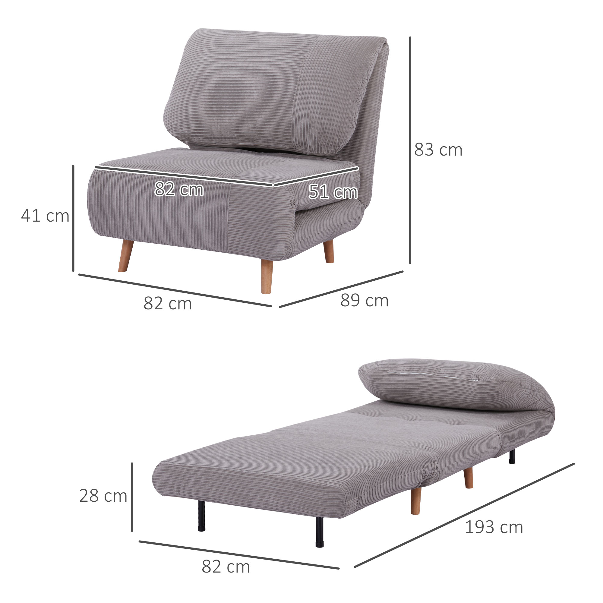 2-in-1 Schlafsessel Gästebett, bis 200 kg, verstellbare Kopfstütze Cord-Optik 82 cm x 8 cm x 83 cm Grau