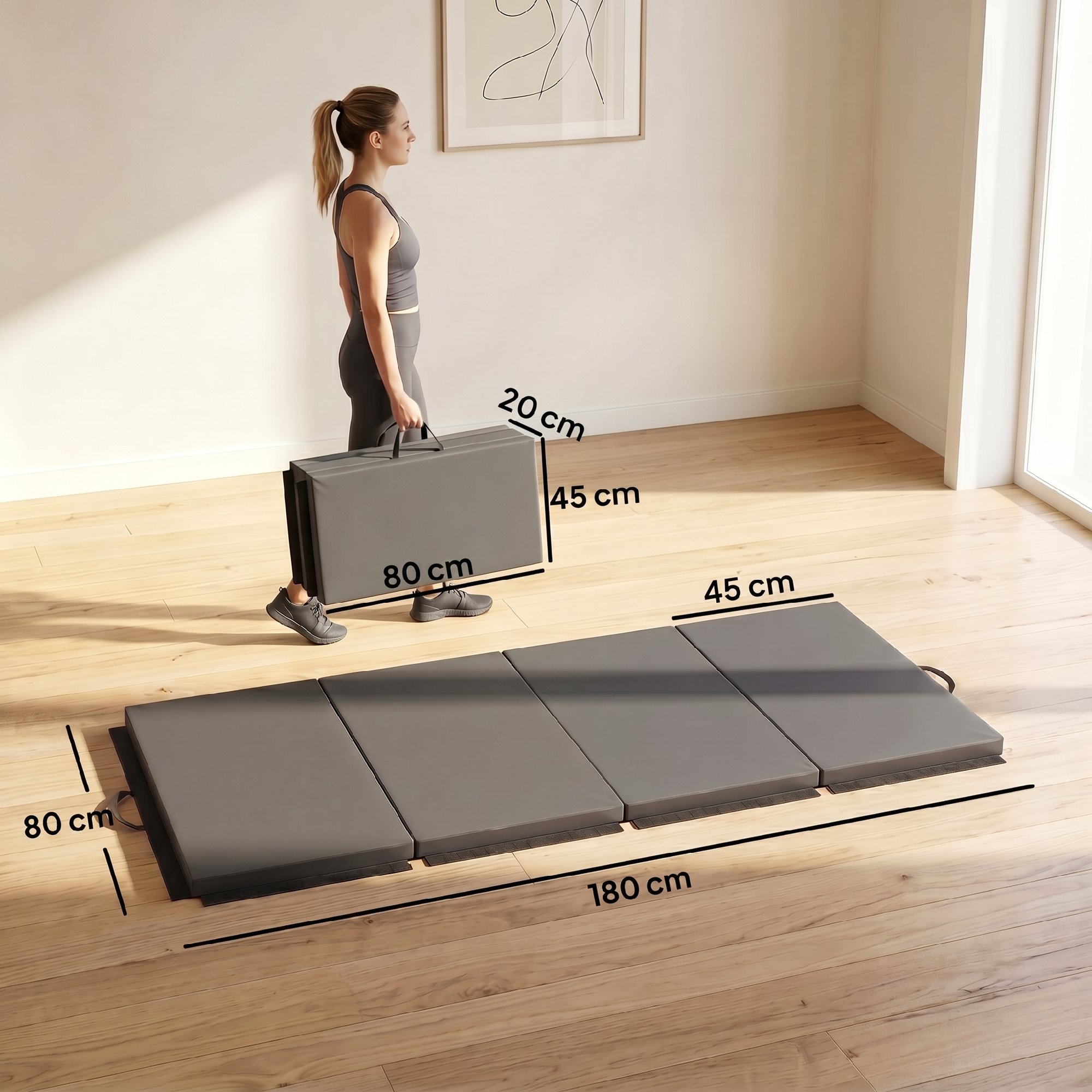 Trainingsmatte, faltbare Fitnessmatte Sportmatte mit Griffen Gymnastikmatte Grau, 180 x 80 x 5 cm