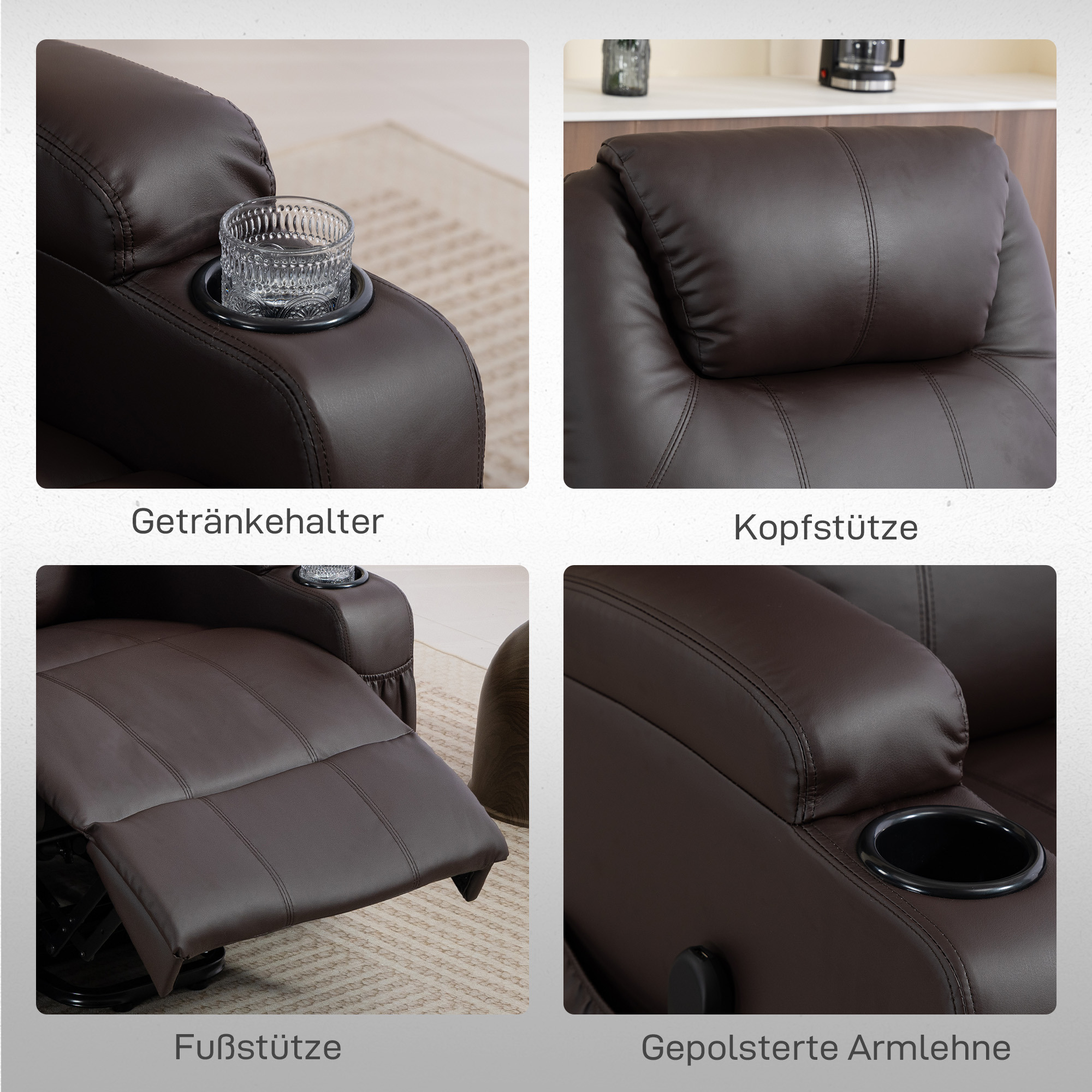 Aufstehsessel, Relaxsessel mit Aufstehhilfe, inkl. Fernbedienung, Becherhalter, verstellbare Rückenlehne, Braun