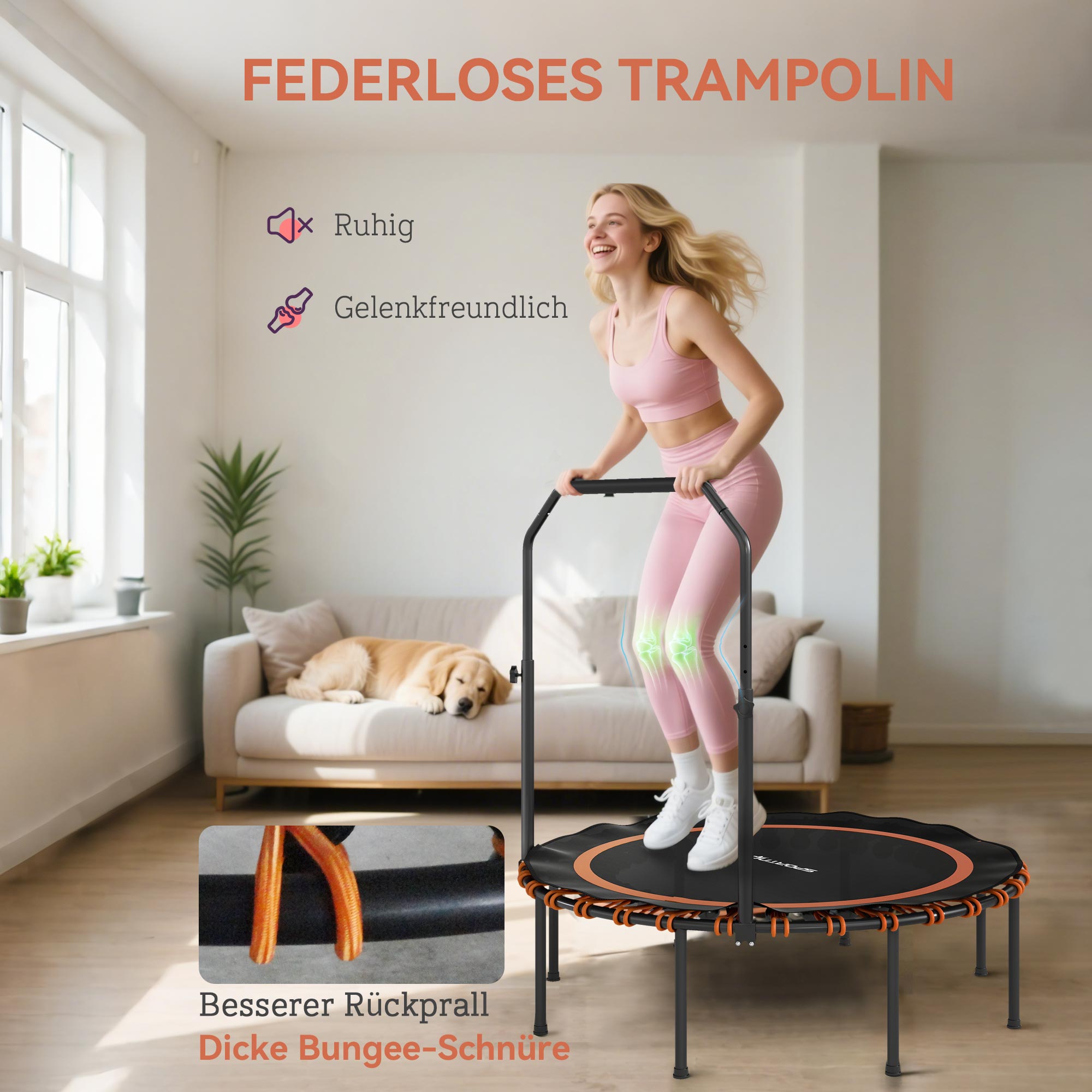 Fitness-Trampolin mit verstellbarem Handlauf, Sport-Trampolin für drinnen und draußen, Stahl, Kunststoff, Orange