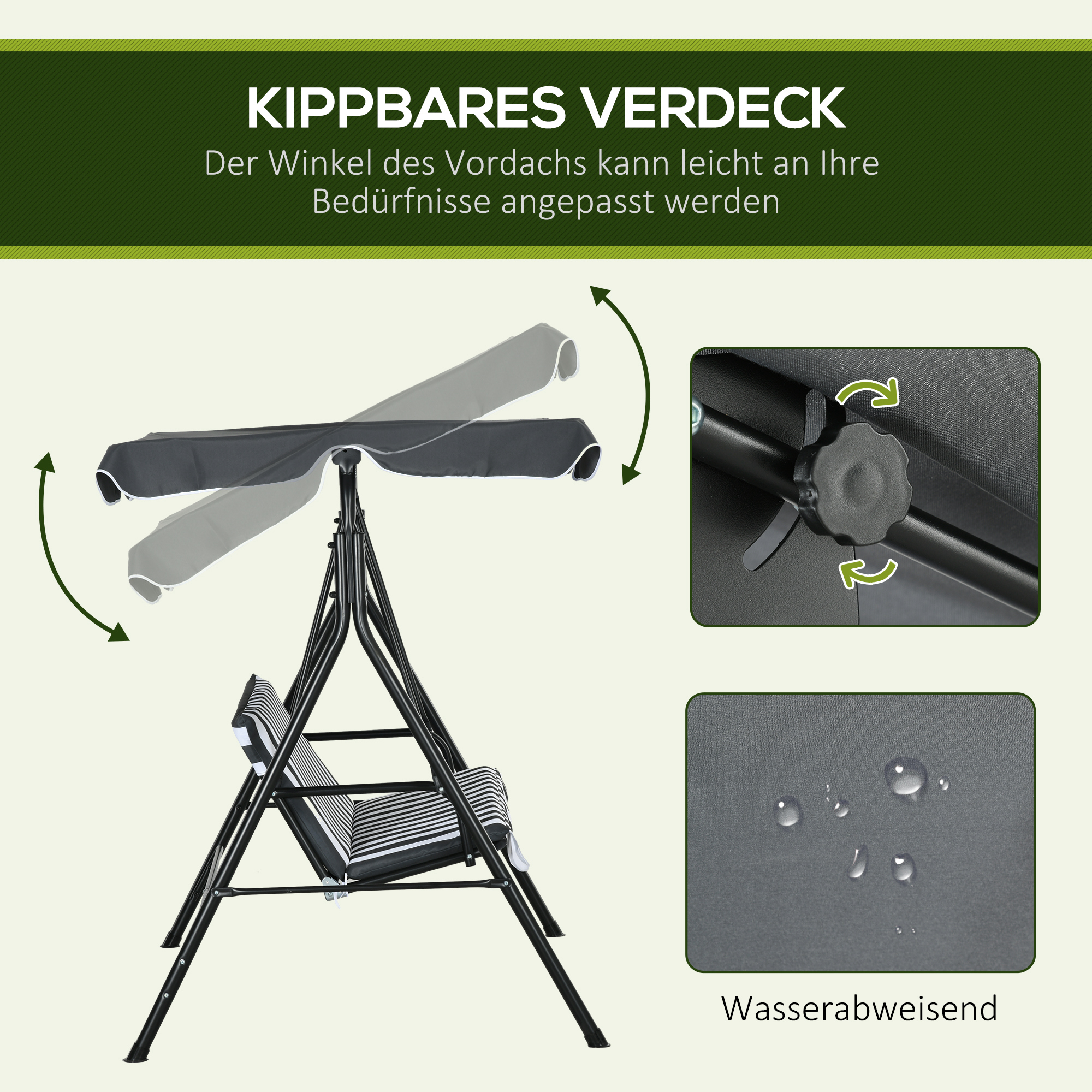 Hollywoodschaukel, Gartenschaukel, 3-Sitzer Schaukelbank mit Dach, Stahl, 172 x 110 x 153 cm, Grau+Weiß