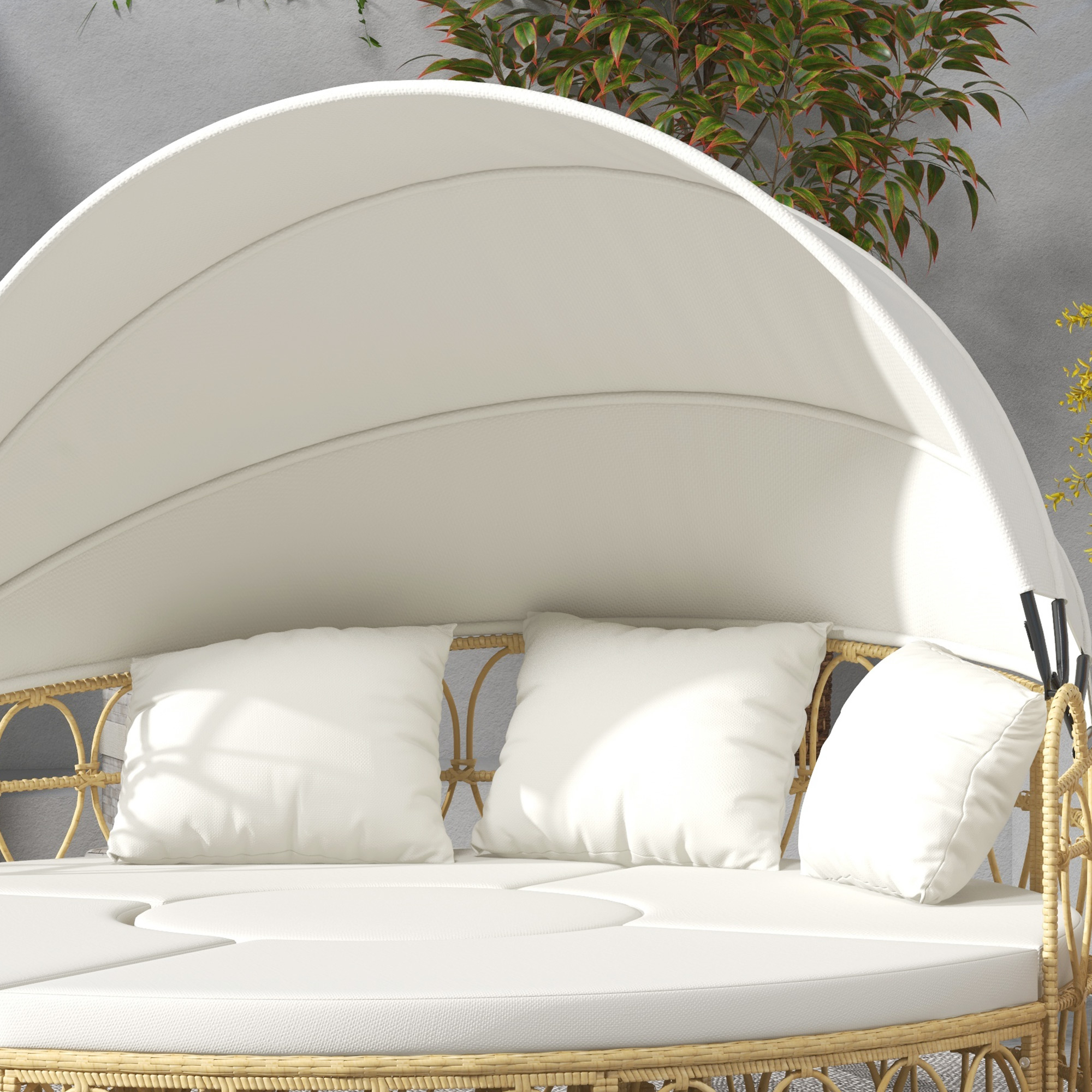 Sonneninsel, 4-teilig, ausziehbares Dach, 5 Kissen, Rattanoptik, 178B x 85T x 66,5H cm, Beige