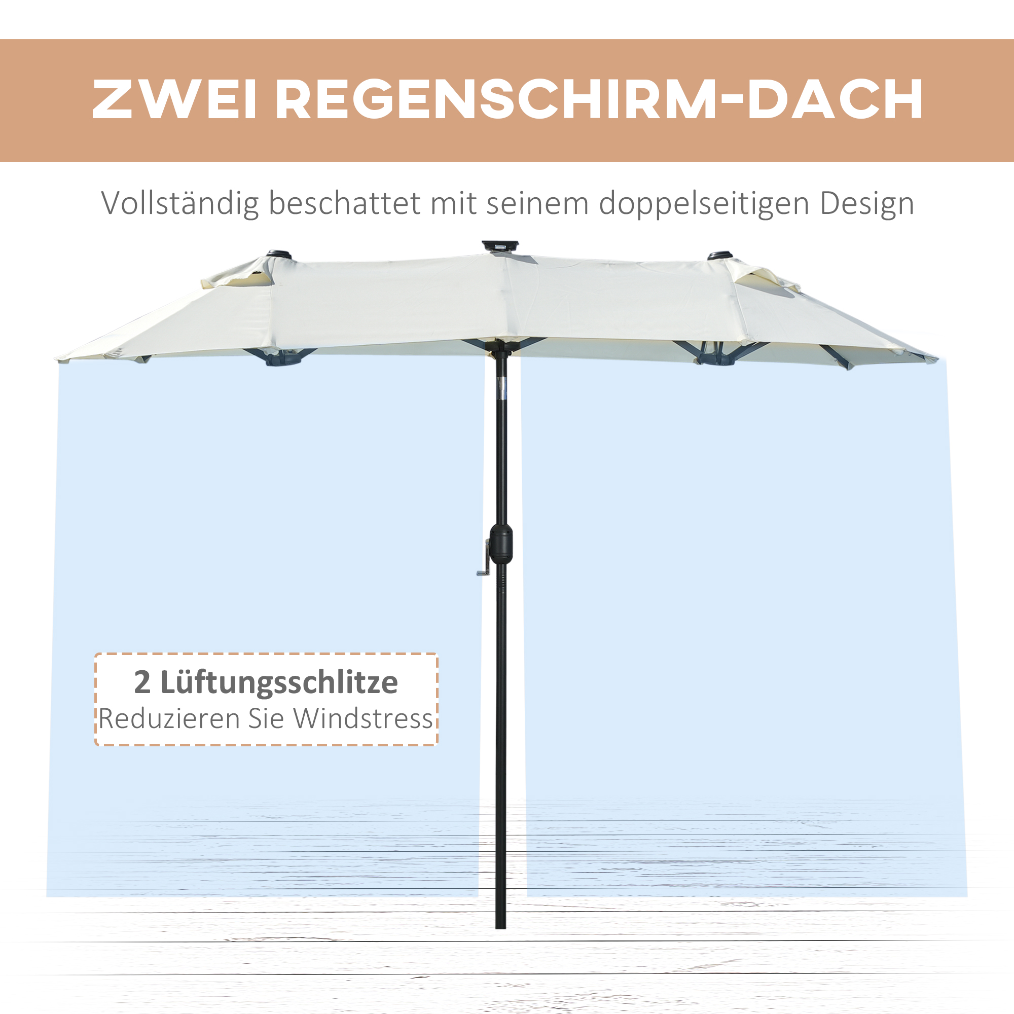 Doppelschirm, Terrassenschirm, neigbar, mit Solarpaneel, 35 LEDs, Stahlrahmen, beige, 2,92 x 1,50 x 2,18 m
