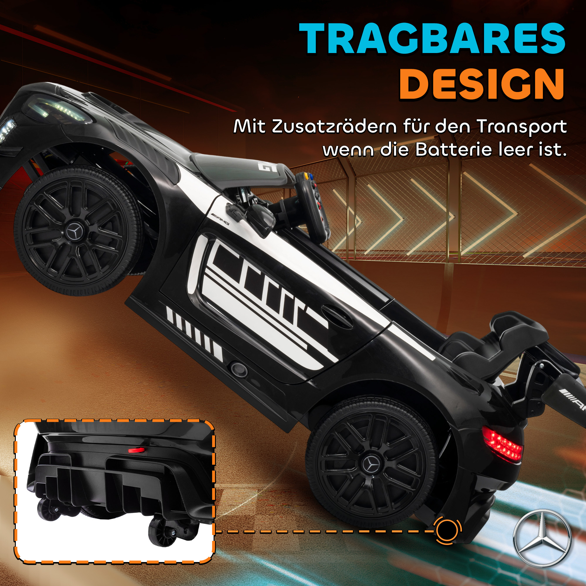 Mercedes-Elektroauto, Aufsitzauto für Kinder, 12V Batterie, LED-Lichter, Musikfunktion, Hupe, 3-8 Jahre, Schwarz