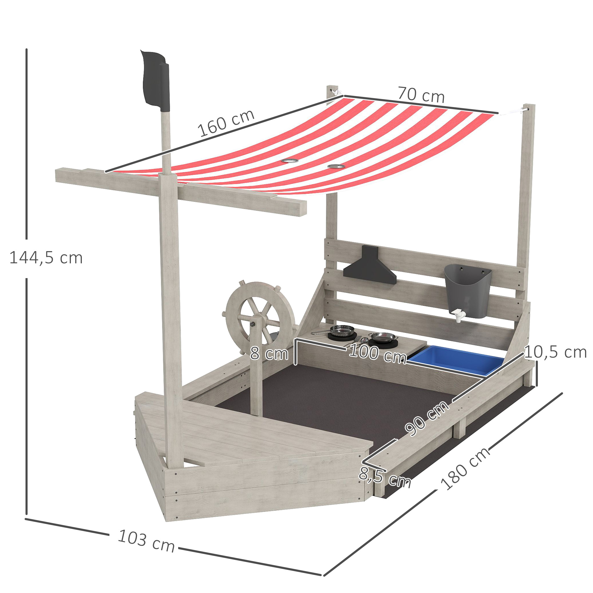 Sandkasten mit Sonnendach Piratenschiff, inkl. Kinderküchenspielset, Massivholz, 180 x 103 x 144,5 cm, Grau