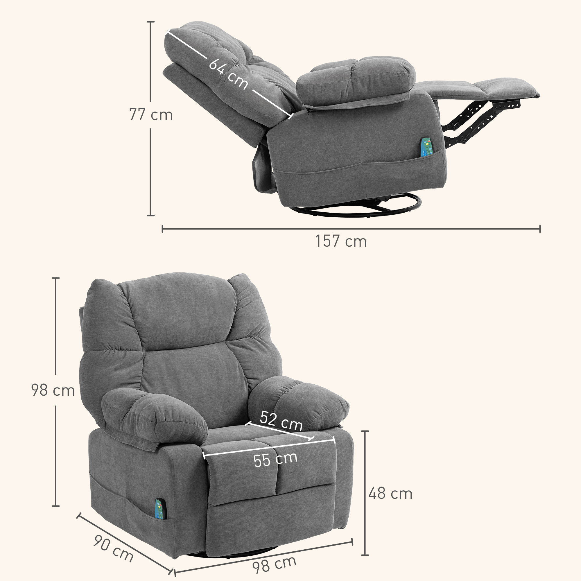 Relaxsessel mit Massagefunktion, Liegefunktion, Drehbarer Massagesessel, 4 Seitentaschen und Fernbedienung, Dunkelgrau