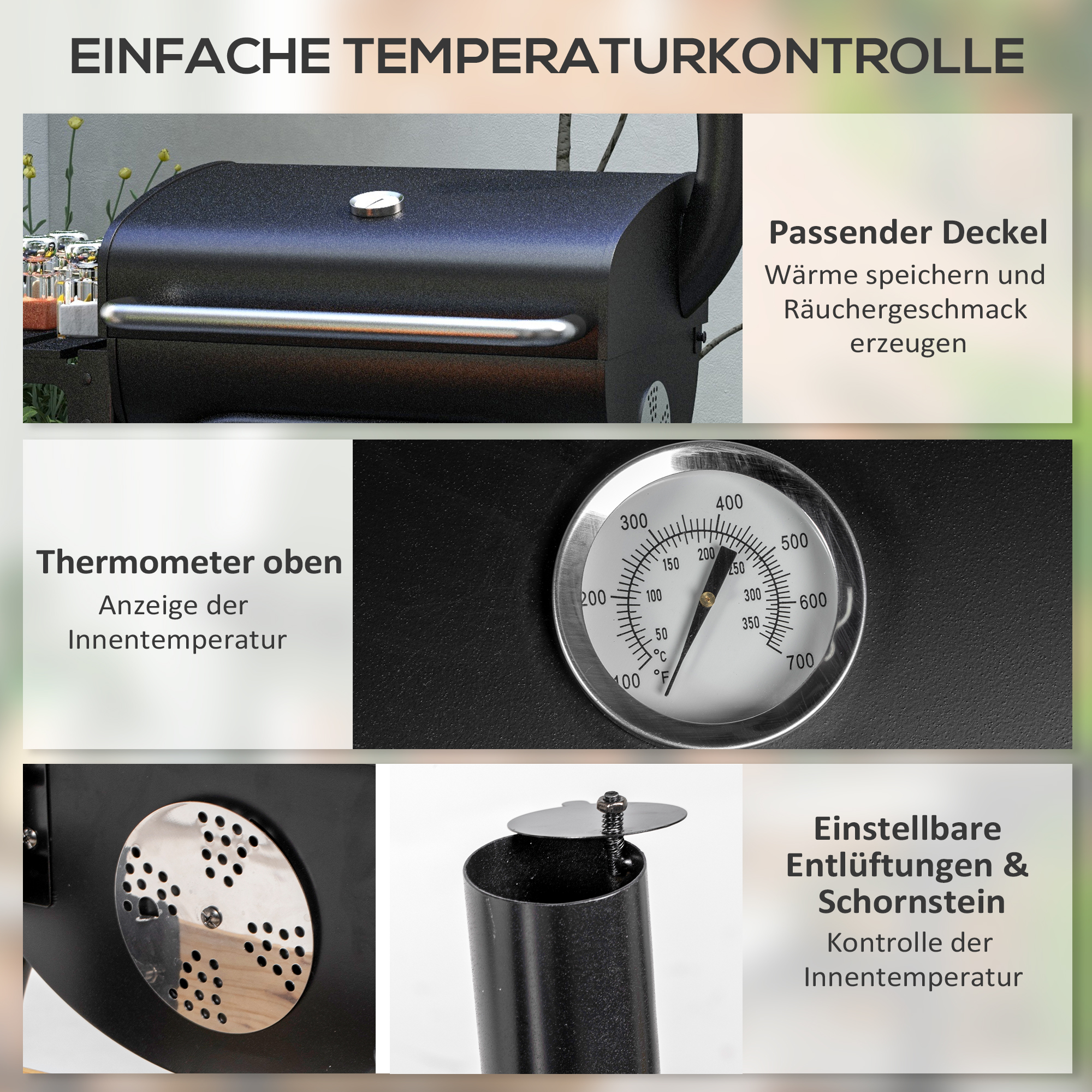 Holzkohlegrill Smoker BBQ-Grill, 1 Ablage,inkl, Thermometer, 83 x 46,5 x 115 cm, Schwarz