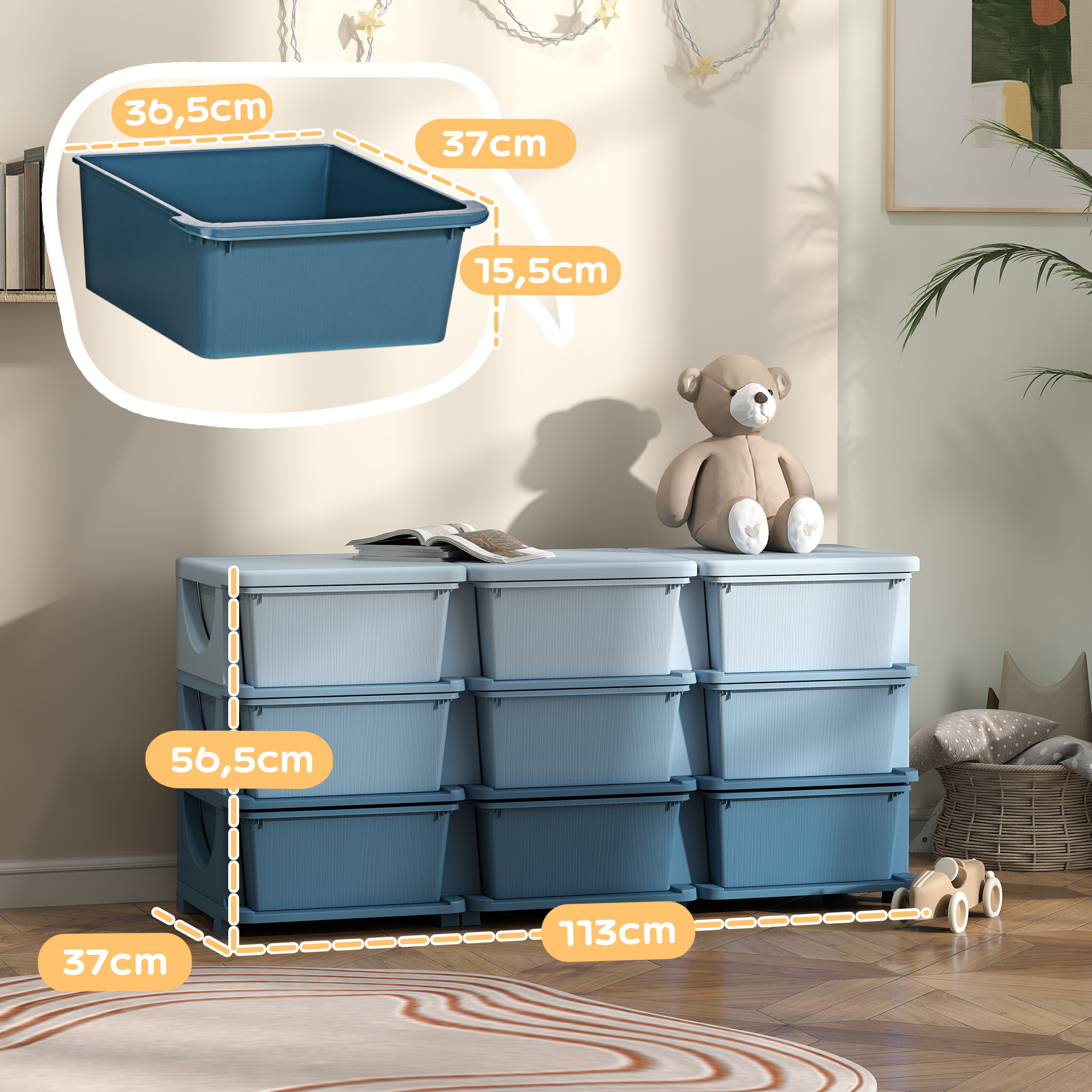 Aufbewahrungsbox für Kinder, Kinder-Aufbewahrungsbox, 9 Schubladen, Blau