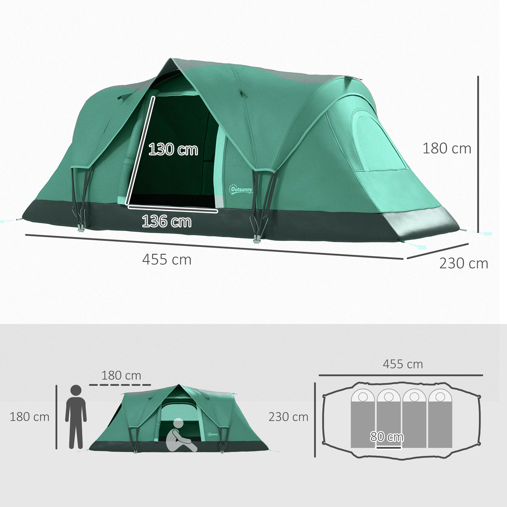 Campingzelt für 5-6 Personen, Familienzelt, Lampenhaken, Seitentaschen, 4,55x2,3x1,8m, Grün/Schwarz