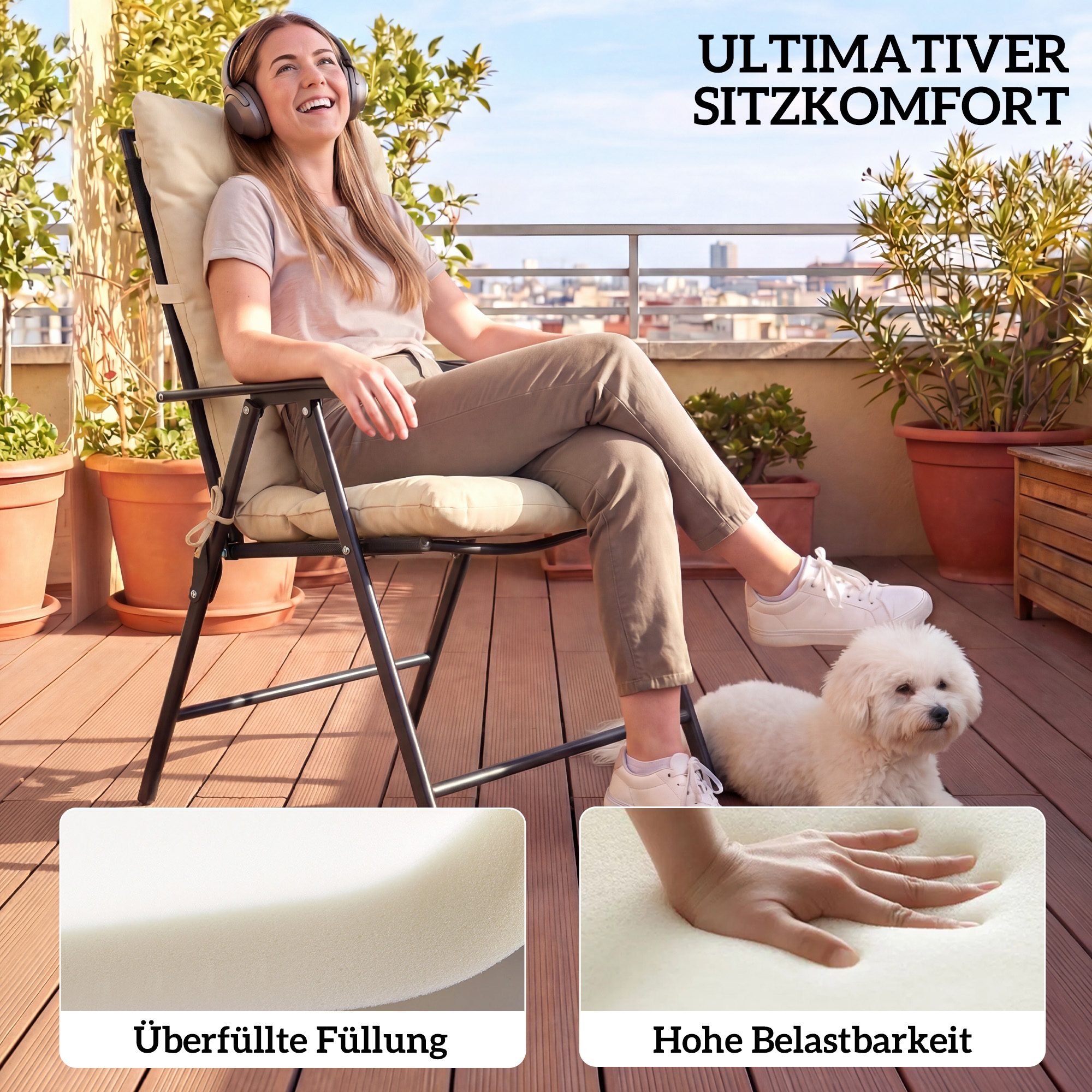 Outdoor-Sitzkissen mit Rückenlehne und Bändern, wasserabweisende Polster für drinnen und draußen, Beige