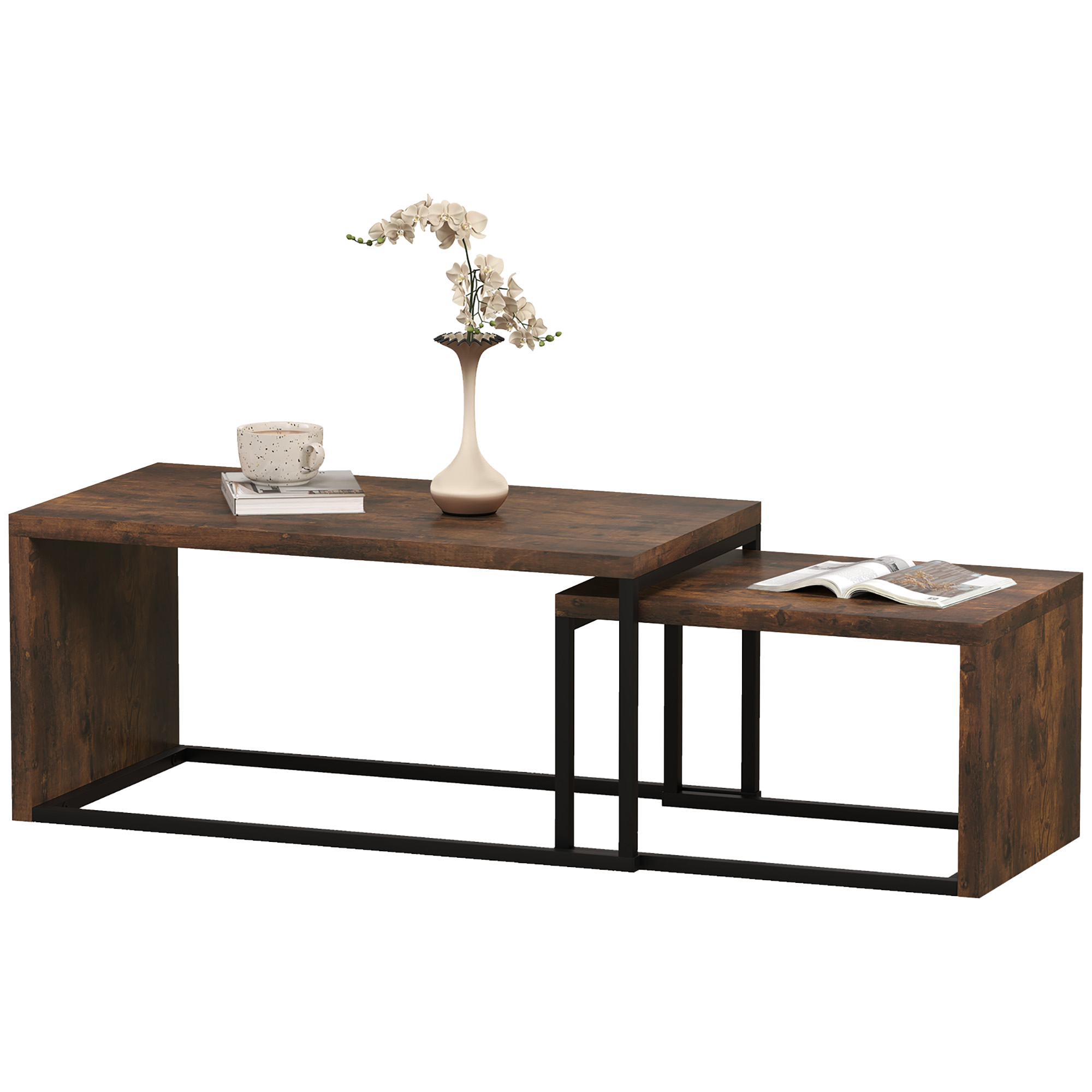 2er-Set Couchtisch, Sofatisch, Beistelltisch, Spanplatte, Metall, 90 x 48 x 42 cm/59 x 42 x 36 cm, Schwarz+Braun