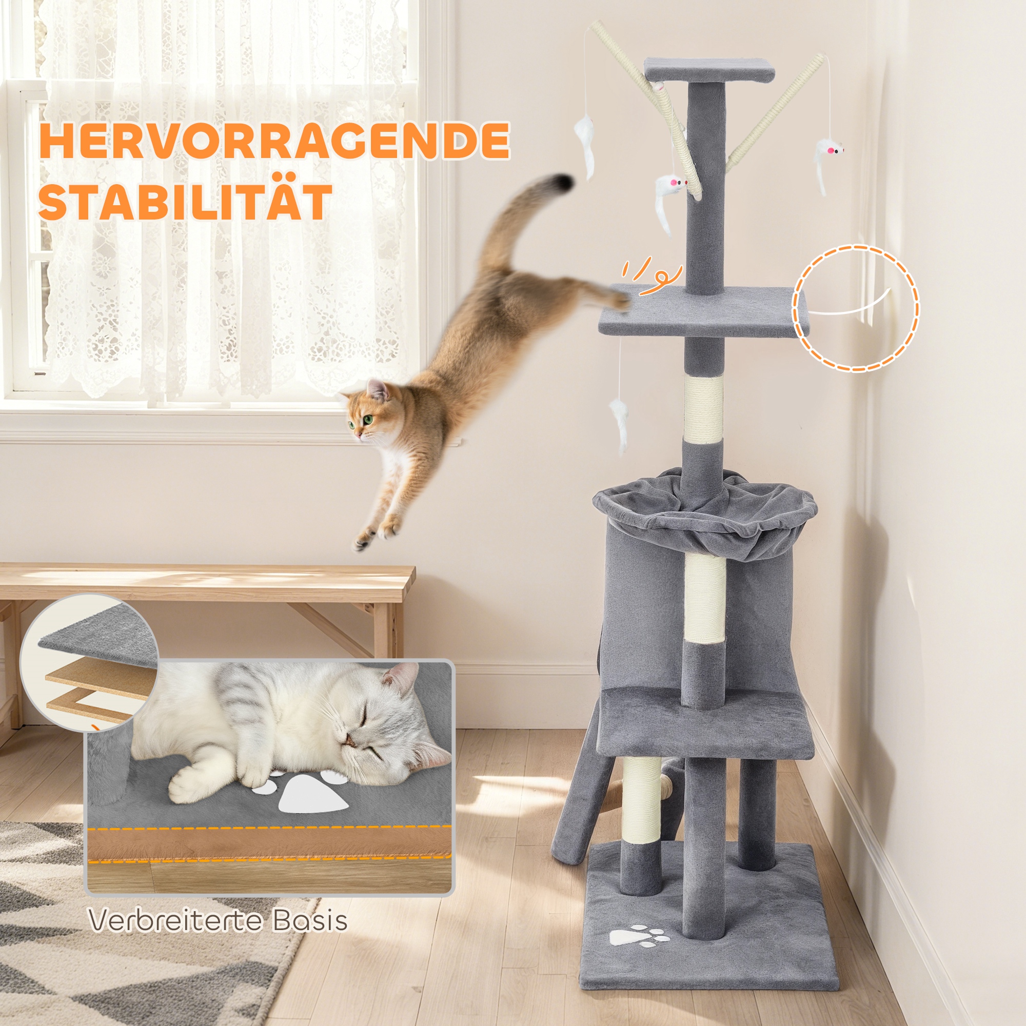 Kratzbaum Katzenbaum mit Höhle, 4 Spielzeuge, Sisalstämme, große Plattform, Treppe, für Katzen unter 5 kg, Grau