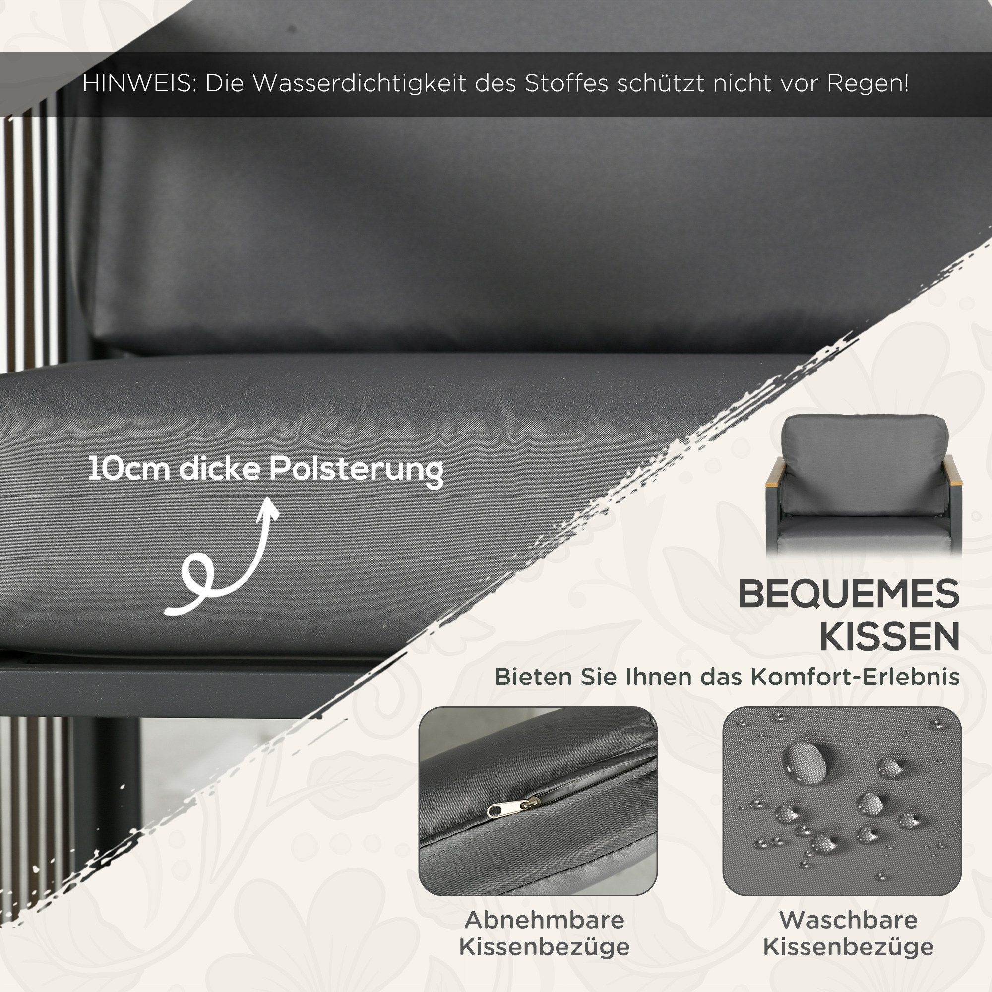 Gartengarnitur, 3-teilig, inkl, Sitzkissen, Holzdekor, rostfreier Metallrahmen, Grau