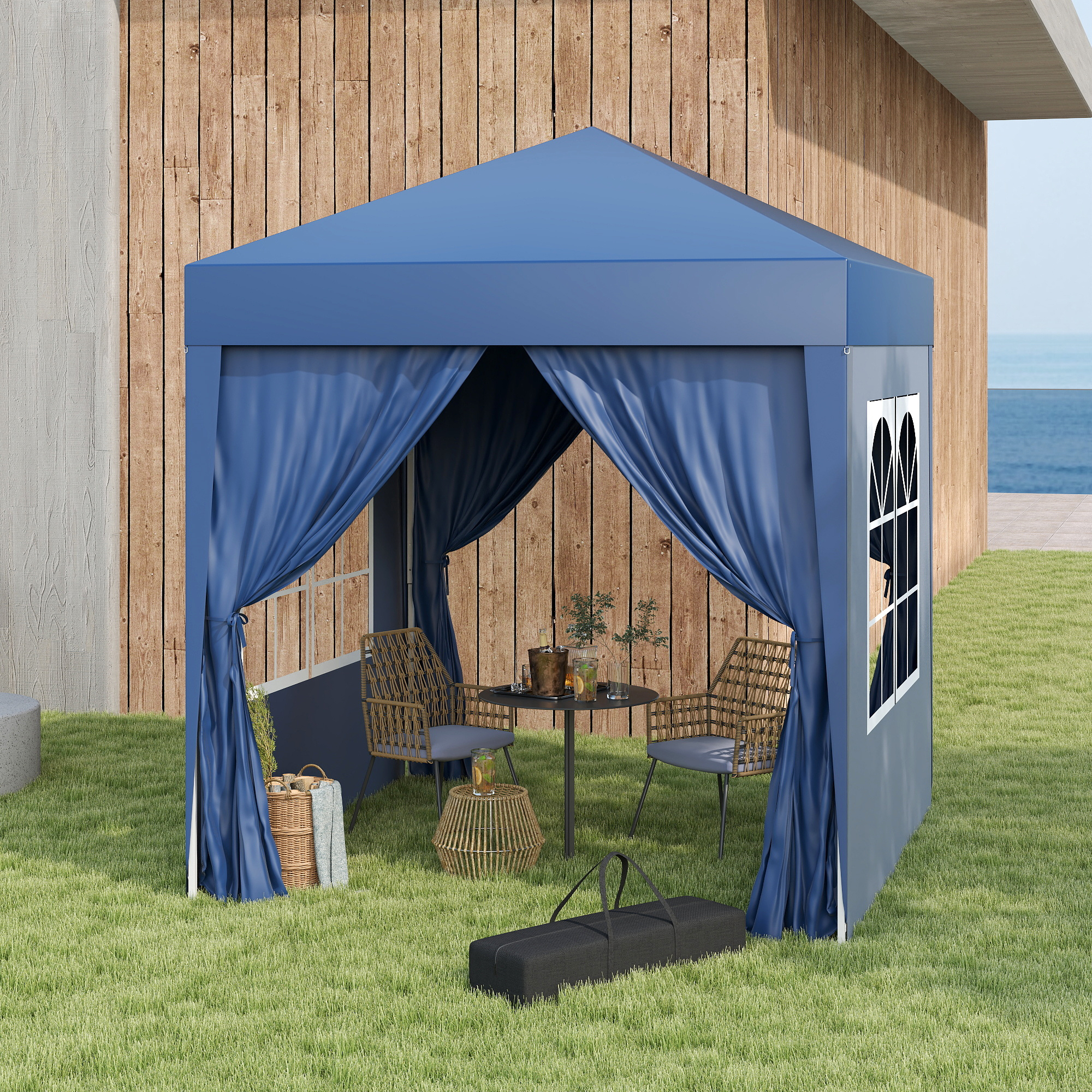 Faltpavillon, Bierzelt, 4 abnehmbare Seitenwände, 2 Fenster, Metallrahmen, 2 x 2m, Blau