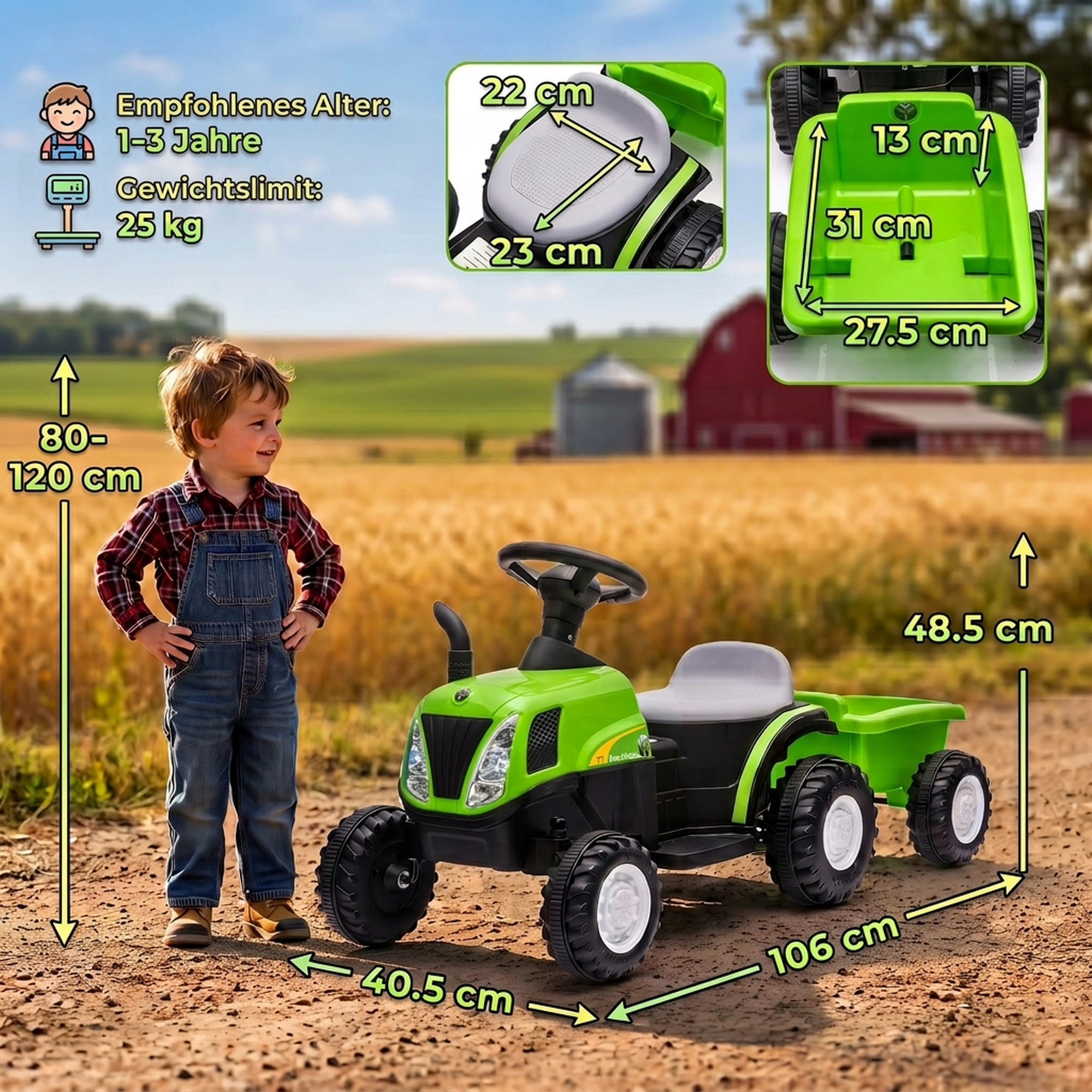 Kinder Traktor mit abnehmbar Anhänger Aufsitztraktor mit Lithium-Akku Fußpedal, Musik, Hupe Licht, Grün