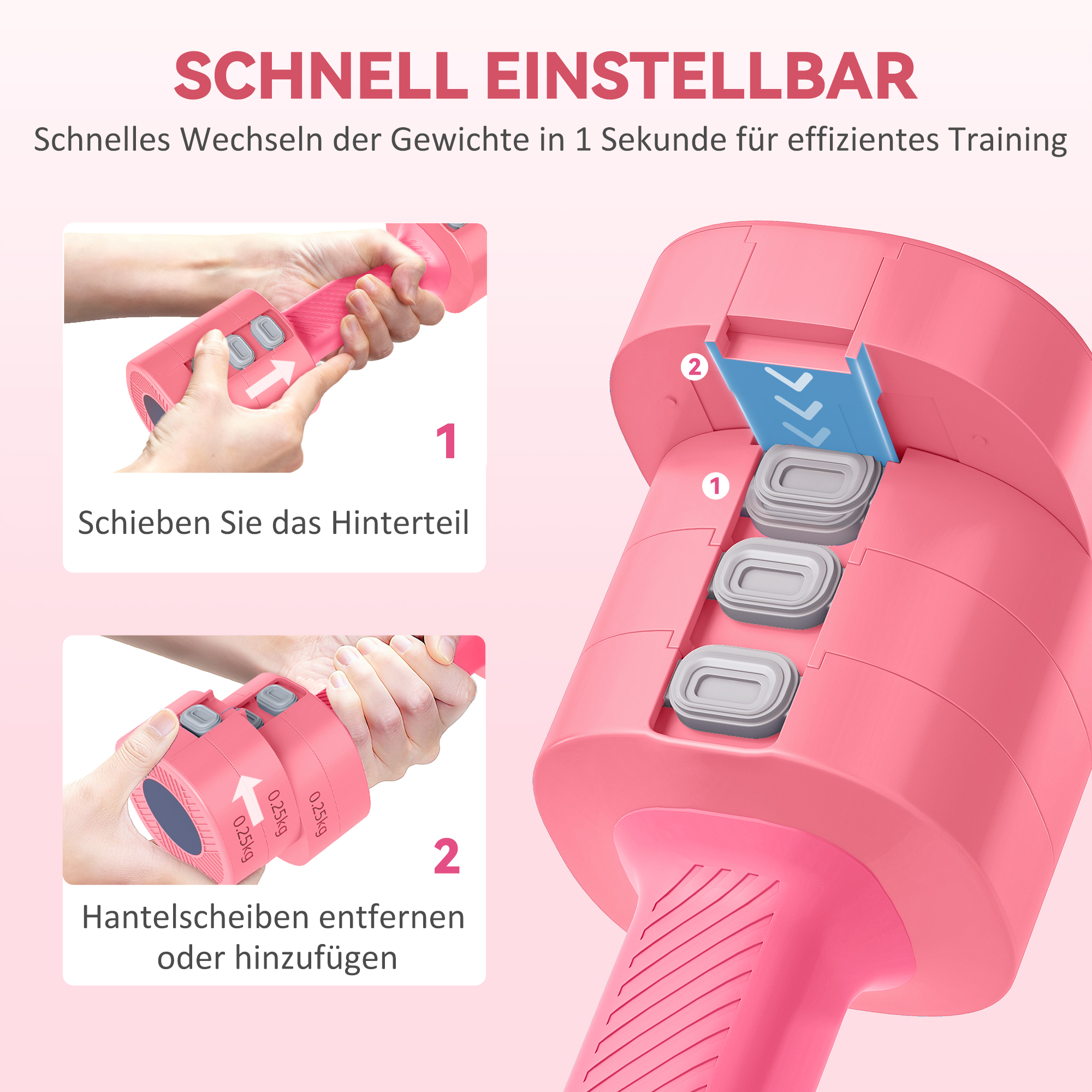 Hantelset, verstellbares Gewicht, quadratische Form, vielseitig, Metallkern, Rot