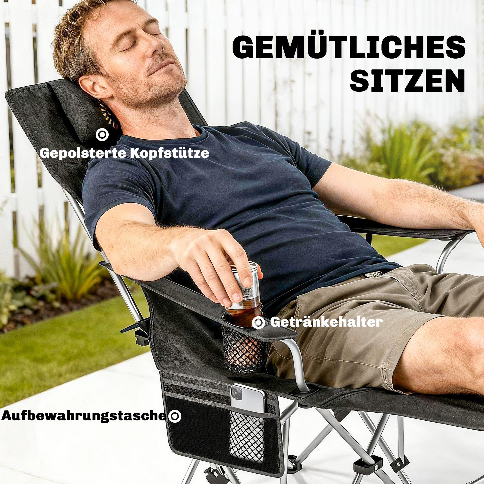 2er Set Campingstuhl faltbar Angelstuhl mit abnehmbar Fußstütze Getränkehalter belastbar 120 kg Schwarz