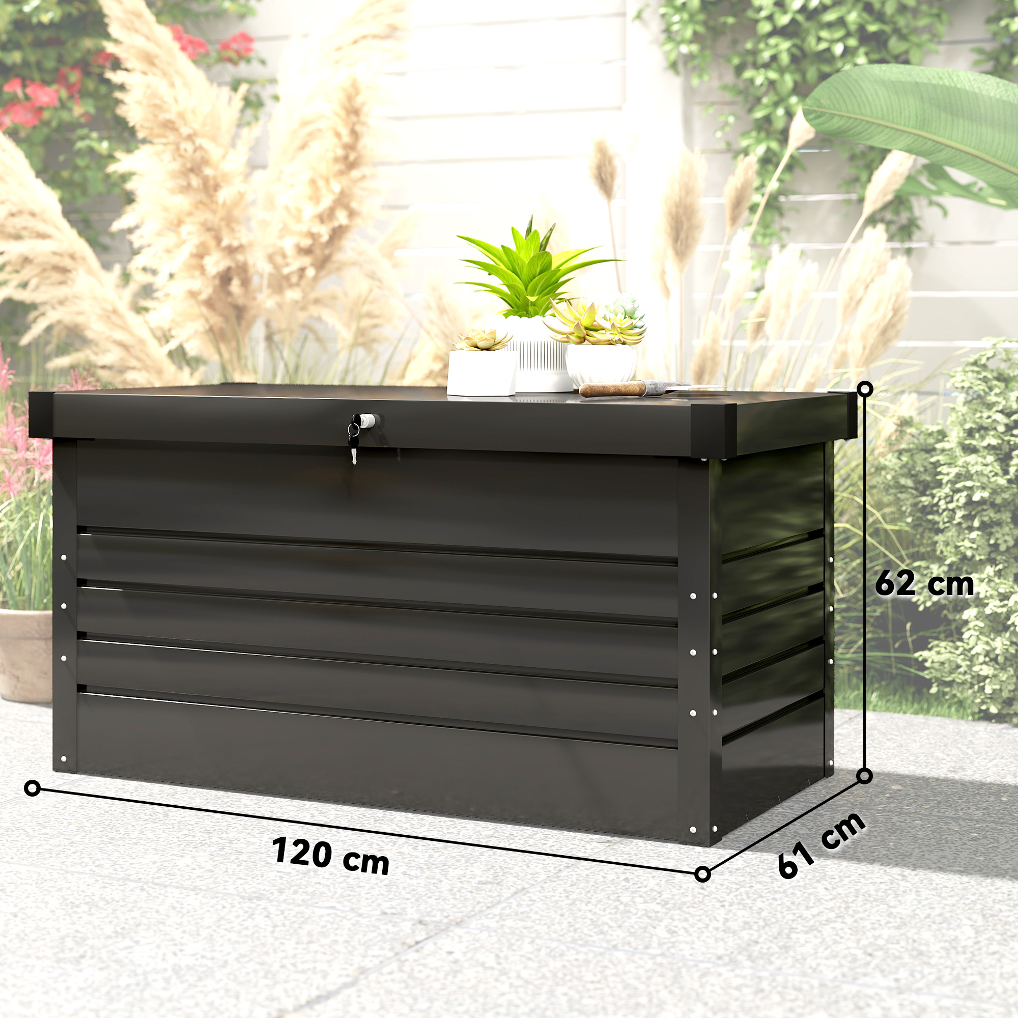 Gartenbox Metall 350L Kissenbox mit doppelwandig Deckel 120 x 61 x 62 cm Wasserdicht Abschließbar Grau