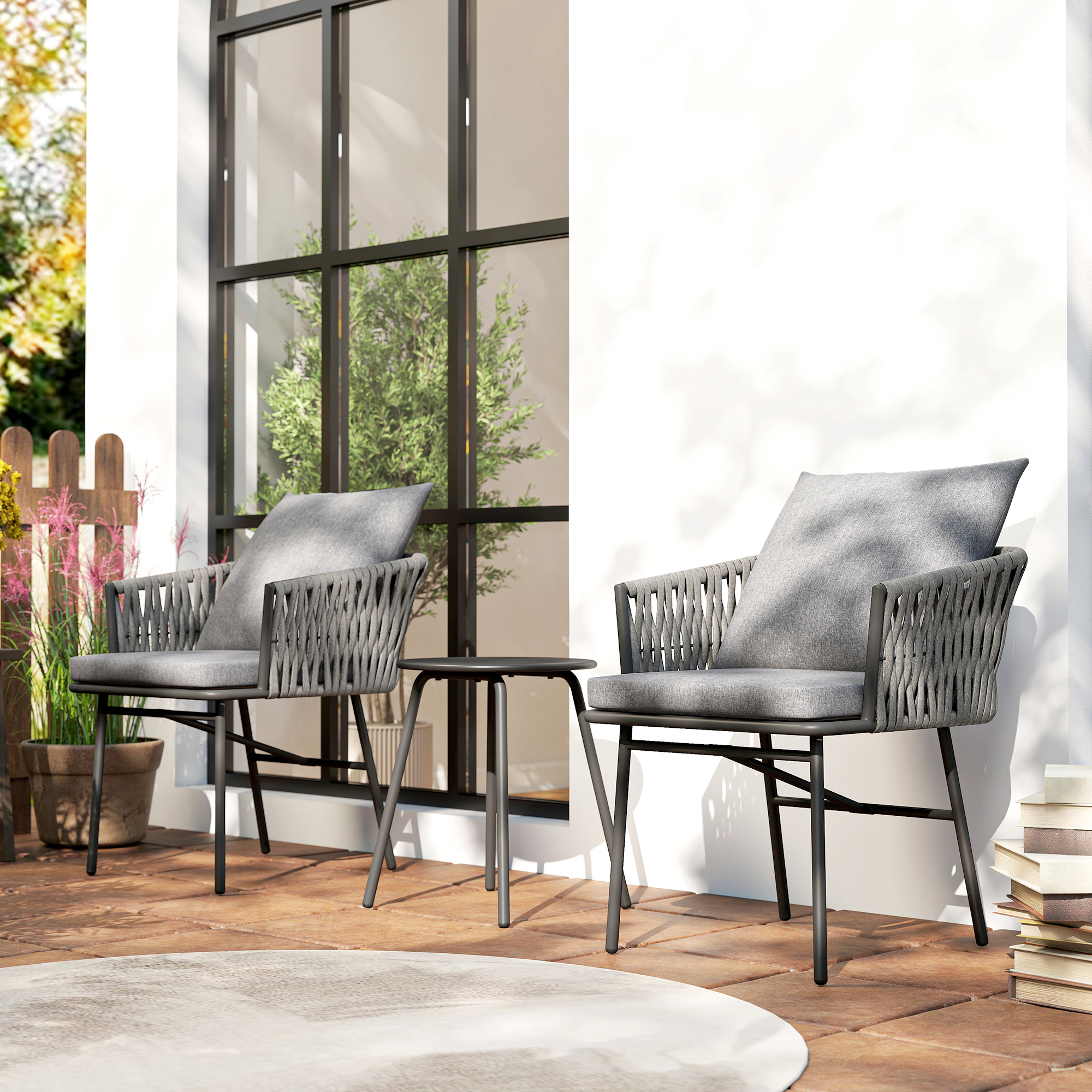 3-teiliges Außenmöbel-Set, 2 Stühle, 1 Tisch, Bistro-Set, Kunst-Rattan, Stahlrahmen, Metalltisch, 4 Kissen, Grau