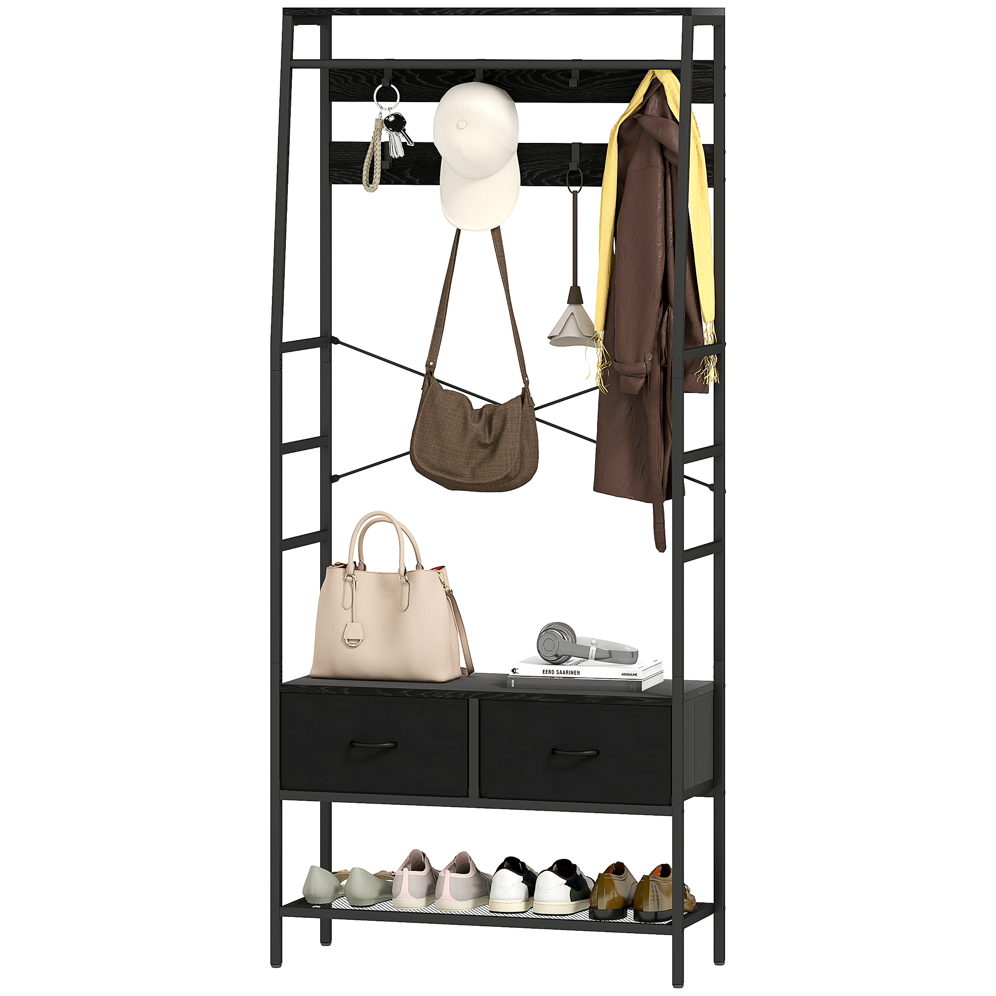 Garderobenständer mit Schuhregal, Kleiderständer im Industrie-Design, 2 Stoffschubladen, 8 Haken, Metallrahmen, Schwarz