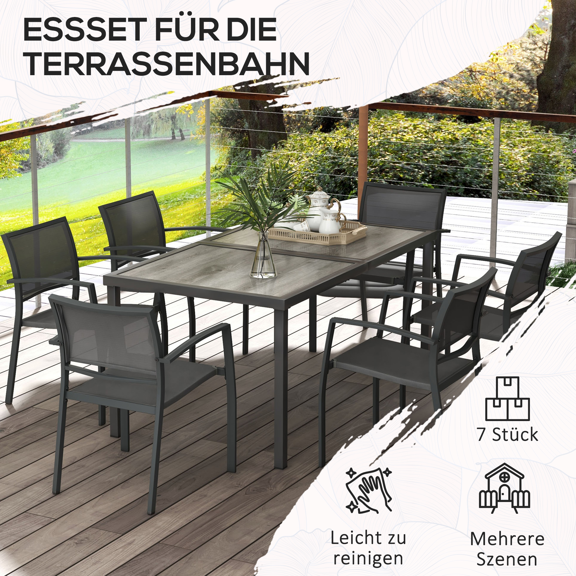 Gartenmöbel-Set Gartensitzgruppe, 1 Tisch, 6 Stühle, 150 x 87 x 72 cm, Grau