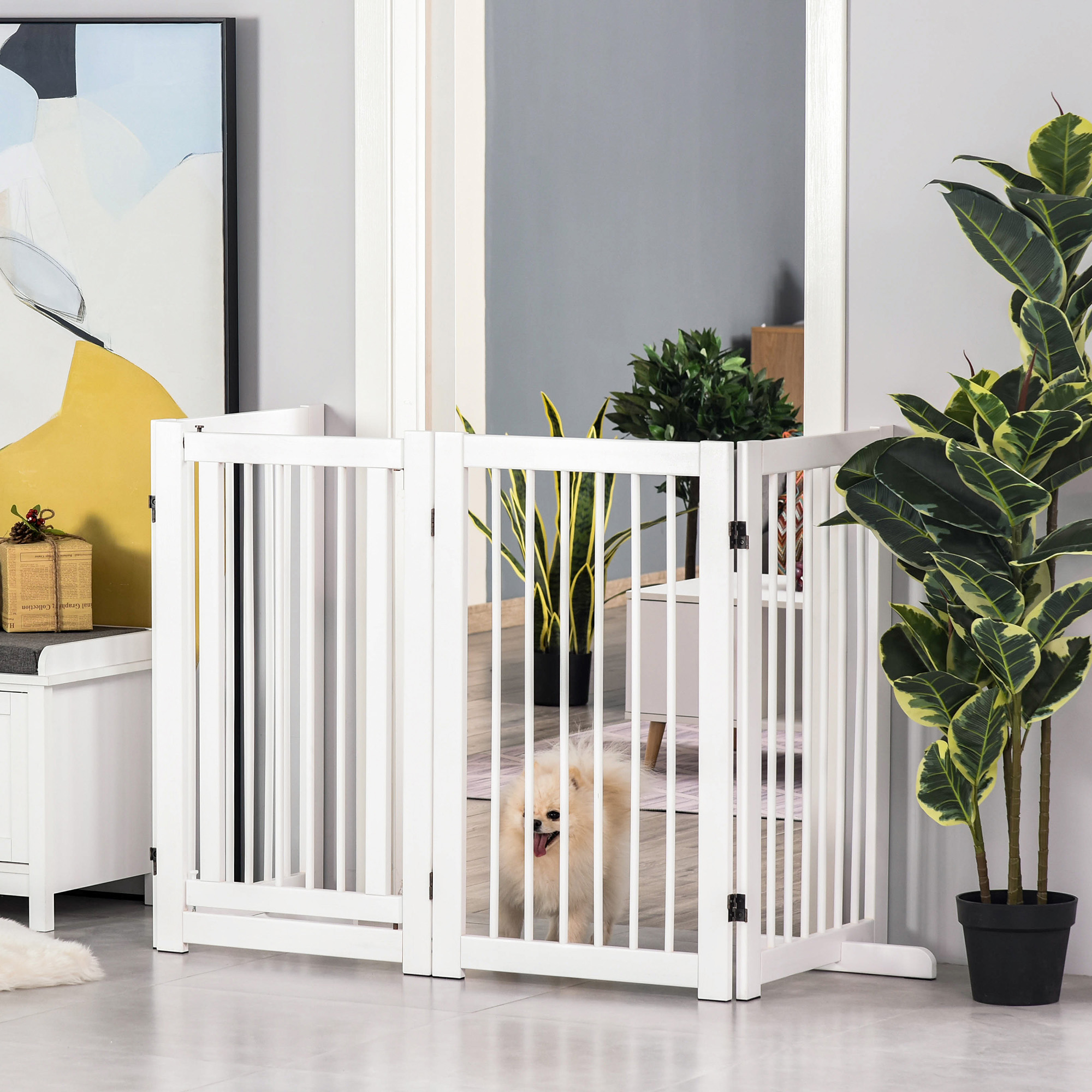 Absperrgitter Hund 4-teilig, 220 x 91 cm Faltbar Türschutzgitter mit Tür, Freistehend Hundegitter mit 2 Stützfüßen, Treppengitter aus Holz für Flur, Küche, Treppe, Weiß
