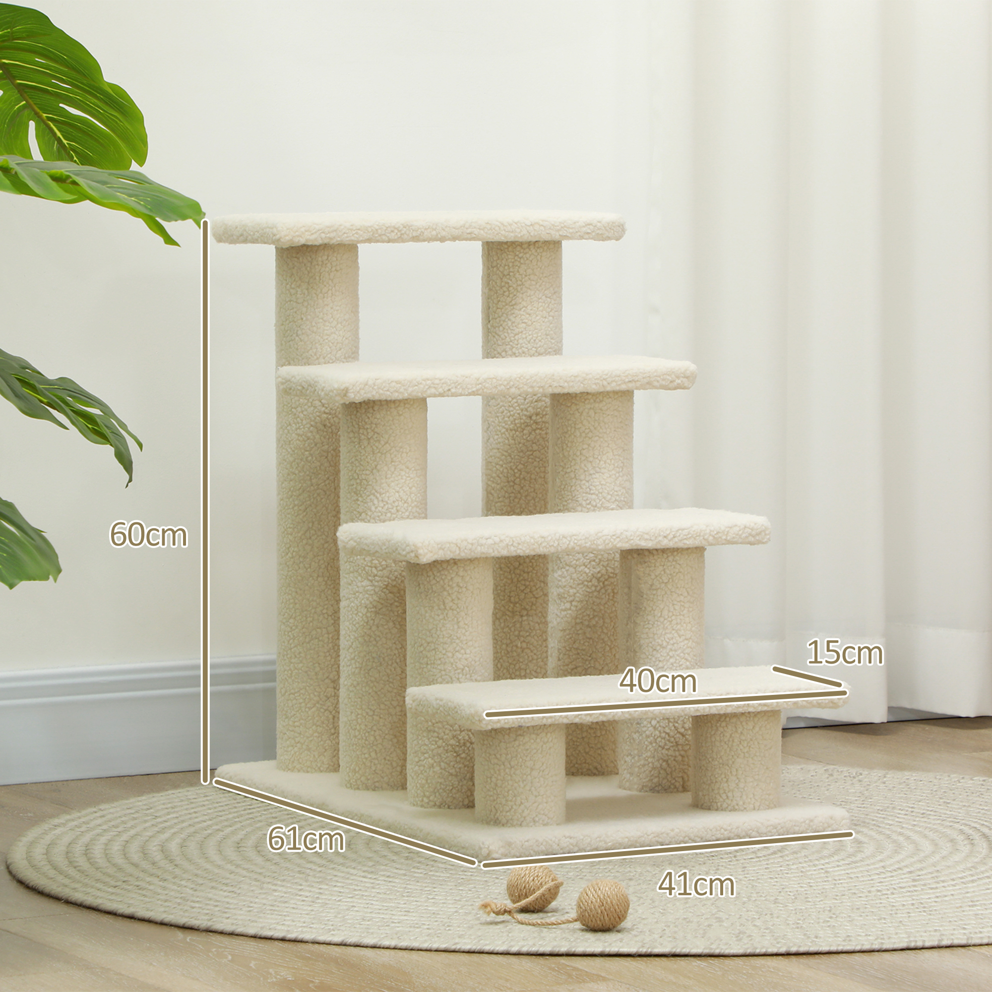 Katzentreppe 4 Stufen Tiertreppe Treppe für Katze Haustiertreppe Hundetreppe aus Plüsch 61 x 41 x 60 cm Cremeweiß