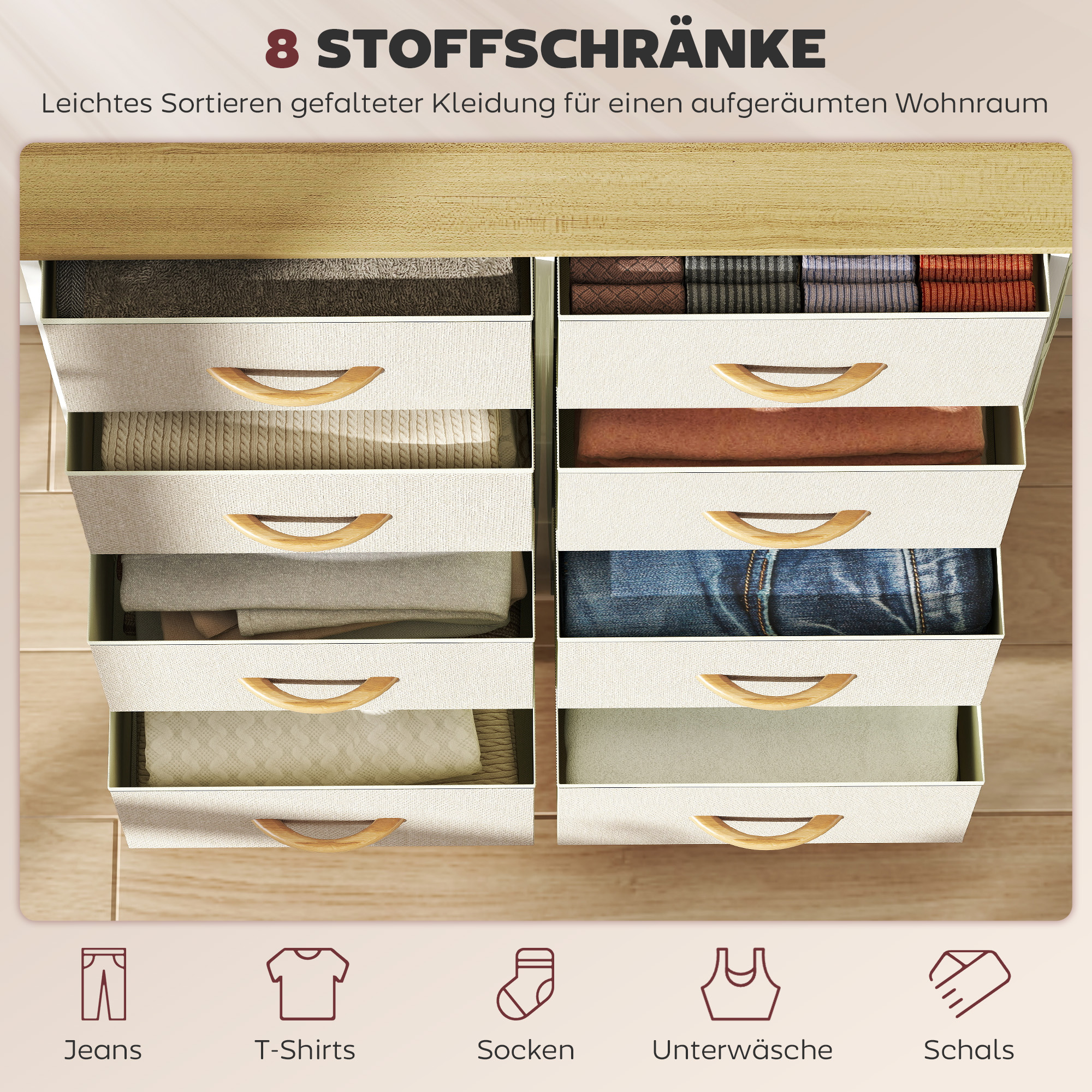 Schlafzimmer-Kommode mit 8 Stoffschubladen, Stahlstreben, Holzoberfläche, 4 Aufbewahrungstaschen, 2 Haken, Beige