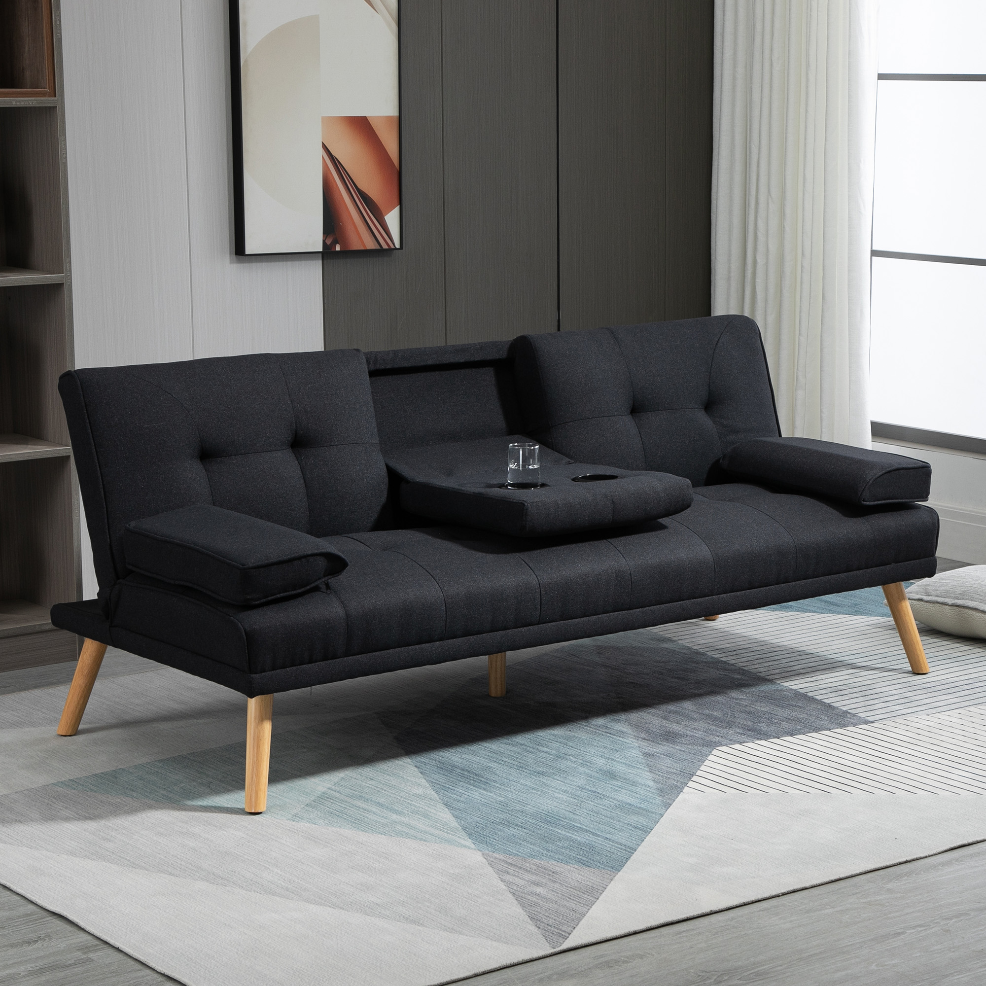 Schlafsofa, Gästebett, verstellbare Rückenlehne, klappbarer Tisch, 181x77x78 cm, Schwarz