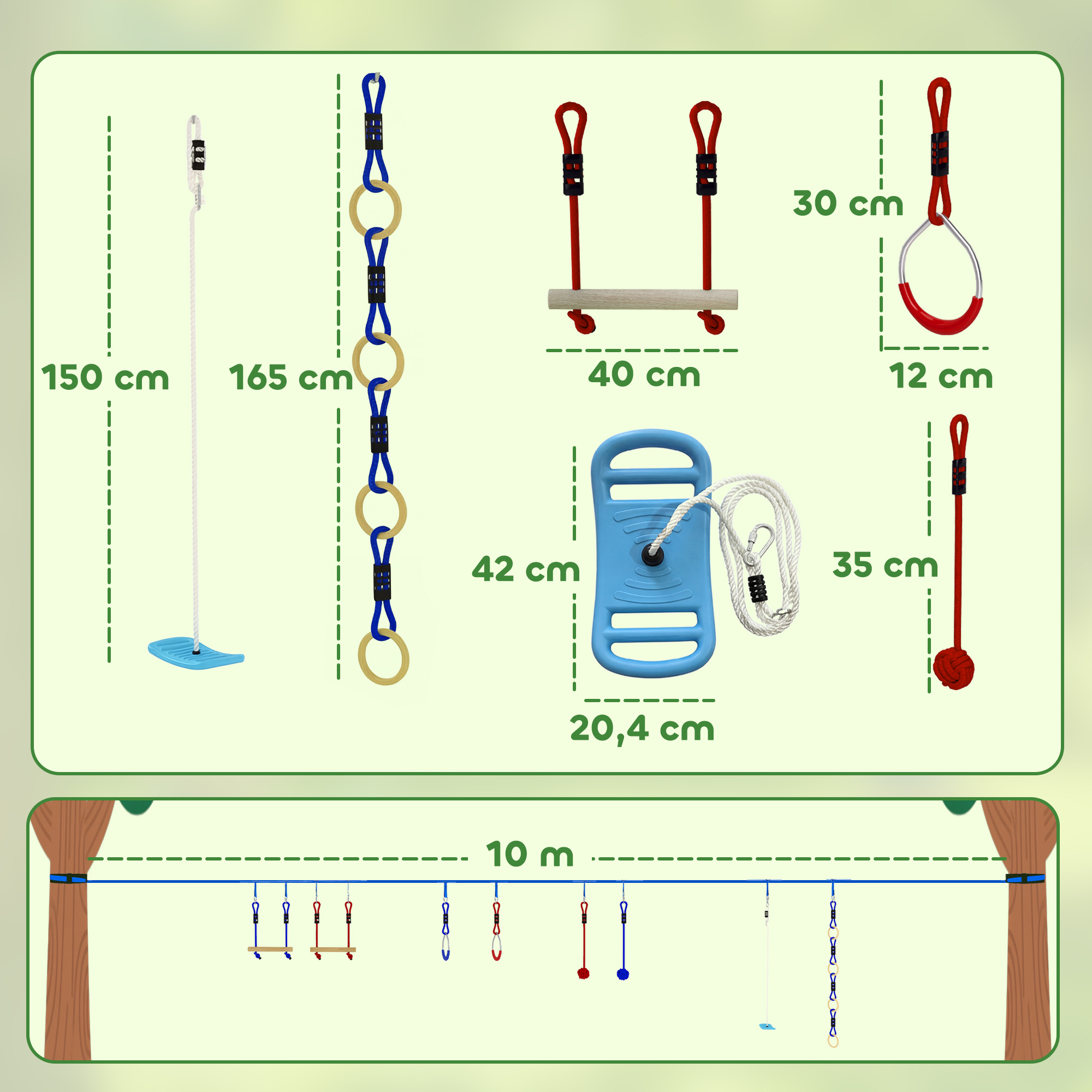 Ninja Line Kinder 10m 9-teilig Slackline Set mit 2 Turnringe 3-in-1 Schaukel 2 Kletterstange für 3-8 Jahre Mehrfarbig