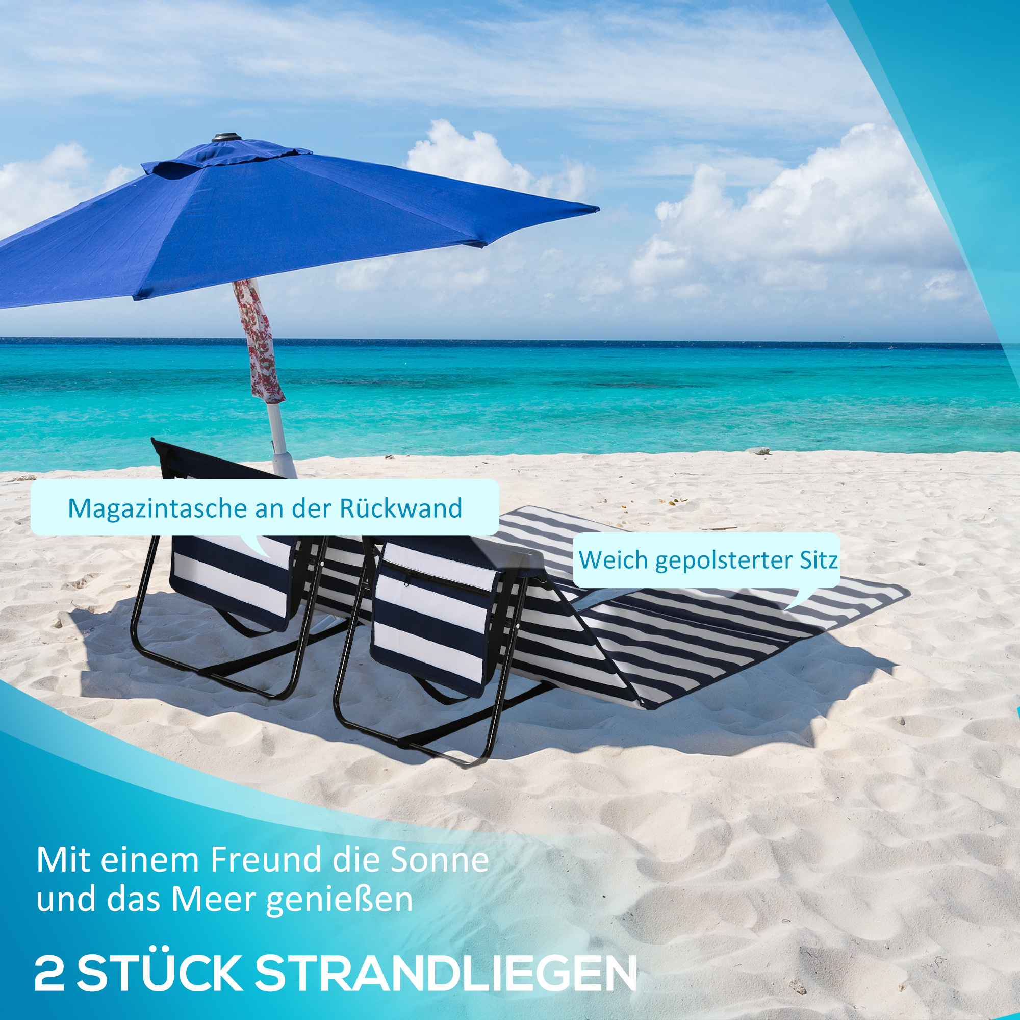 Strandliege, klappbar, verstellbare Rücklehne, Seitentasche, weiche Polsterung, Stahlrahmen, blau+weiß, 142x51x40cm
