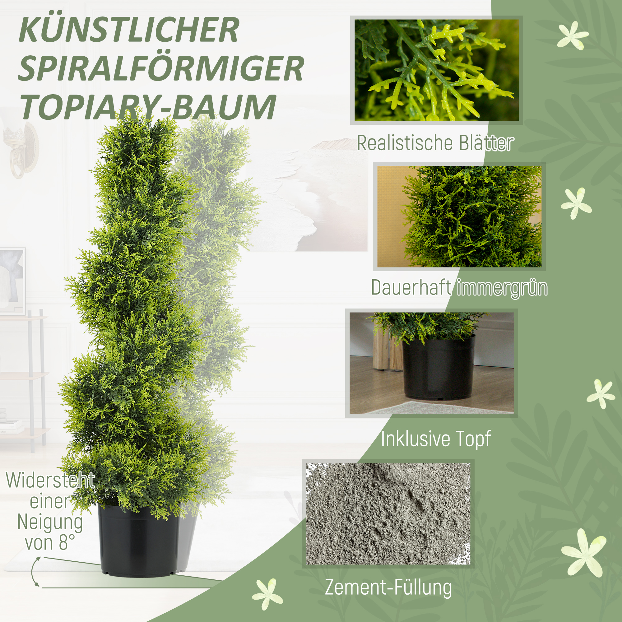 Künstliche Zypresse 90cm Kunstpflanze in Spiralform, Plastik Künstliche Pflanzen im Topf, Moderne Dekoration