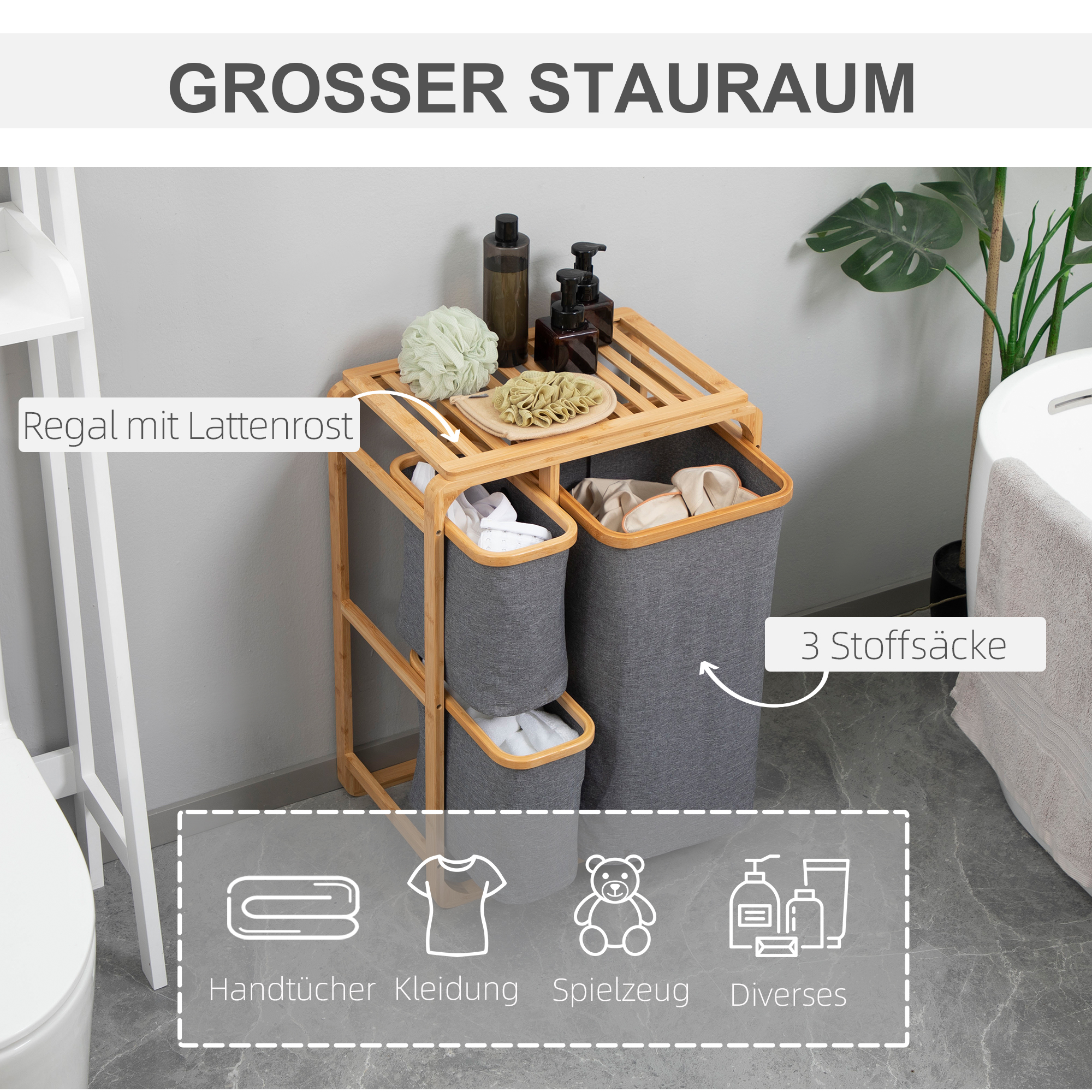 Wäschekorb aus Bambus , 3 abnehmbare Körbe 50 cm x 32 cm x 69,7 cm Natur Grau