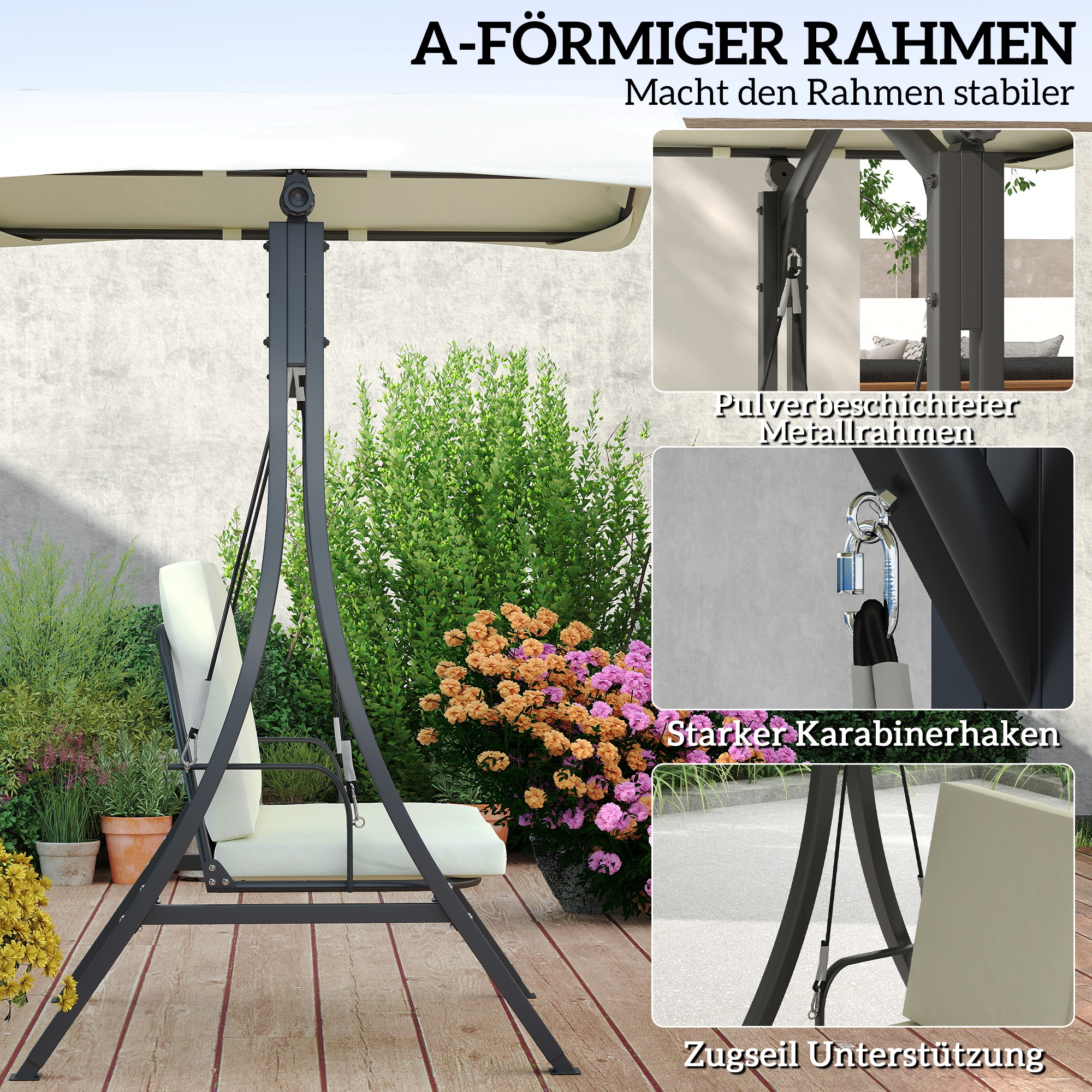 Hollywoodschaukel mit verstellbarem Sonnendach Sitzauflage, 2-Sitzer bis 220kg 150x120x182cm, Cremeweiß