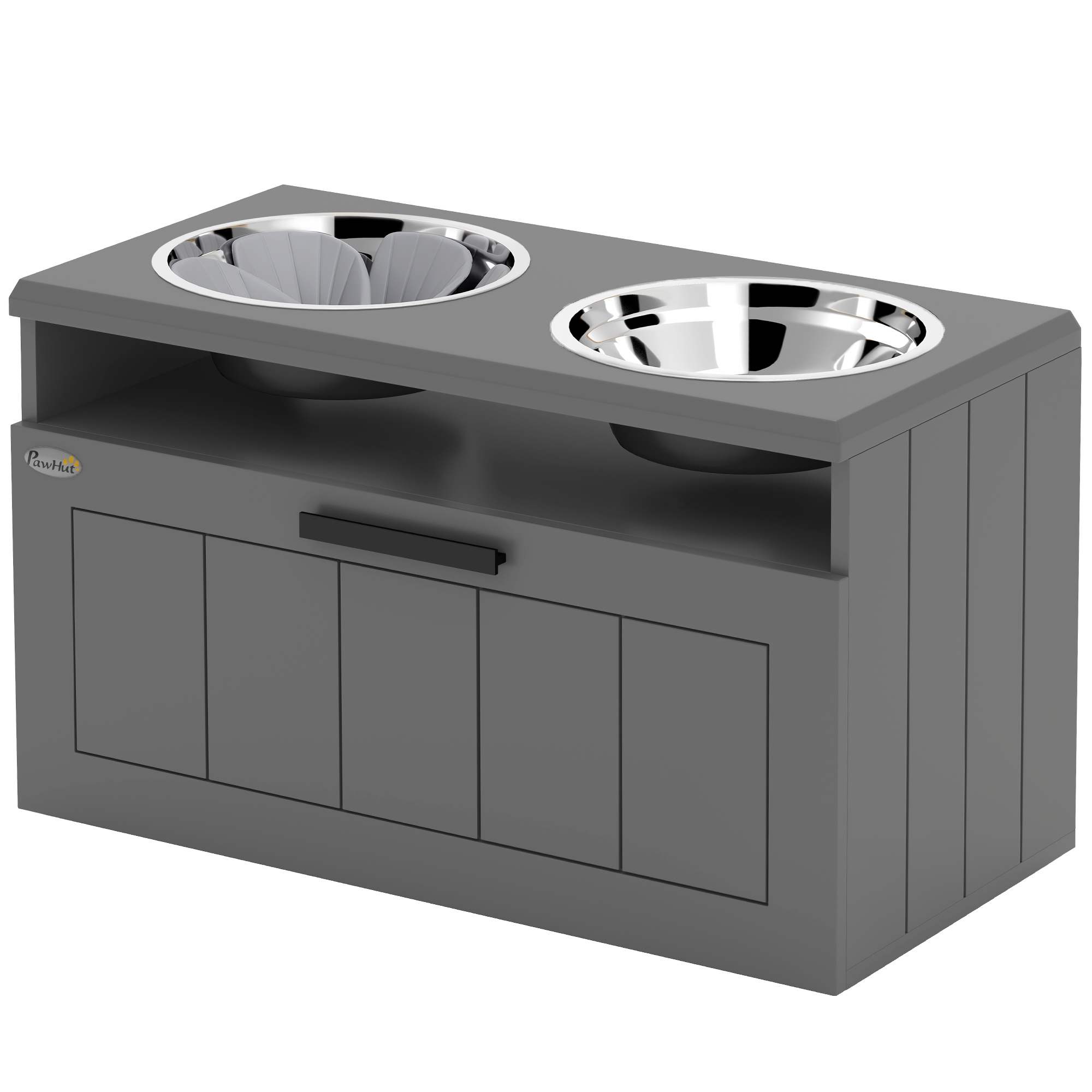 Futterstation für große Hunde, mit 2 Edelstahlnäpfen, Schublade, Futterspender für Haustiere, MDF, Stahl, Grau