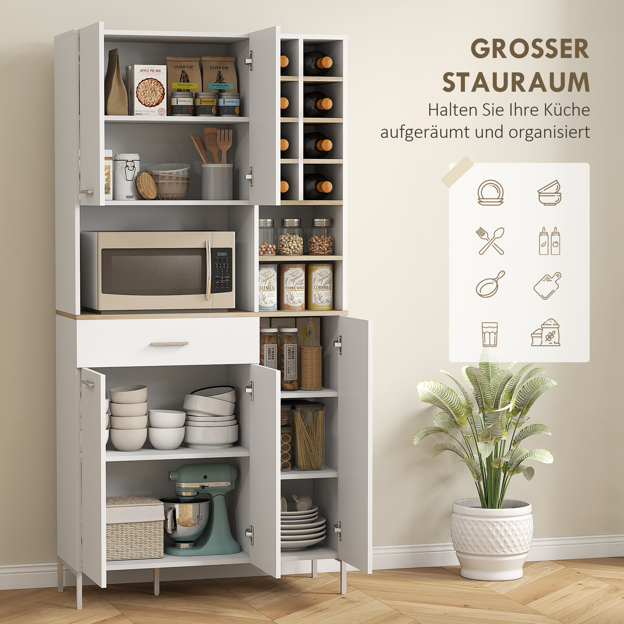 Küchenschrank mit offenen Regalen, Fächern, Weinregal, Vorratsschrank mit 5 Schranktüren, MDF, Weiß