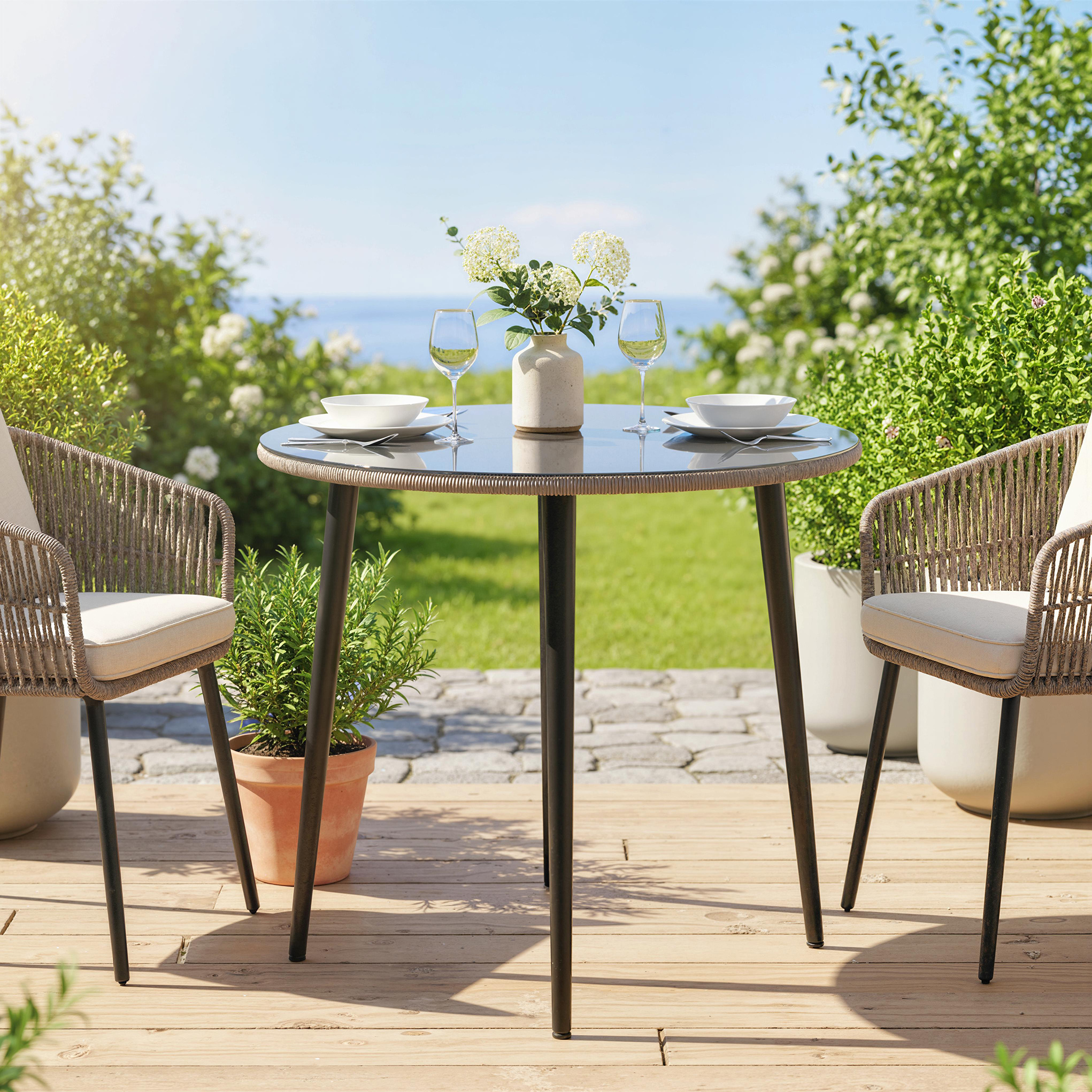 Gartentisch Stahl Buffettisch mit Stahlrahmen, PE-Rattan-Rand, verstellbaren Füßen, 4 Personen 80 x 80 x 74 cm Grau
