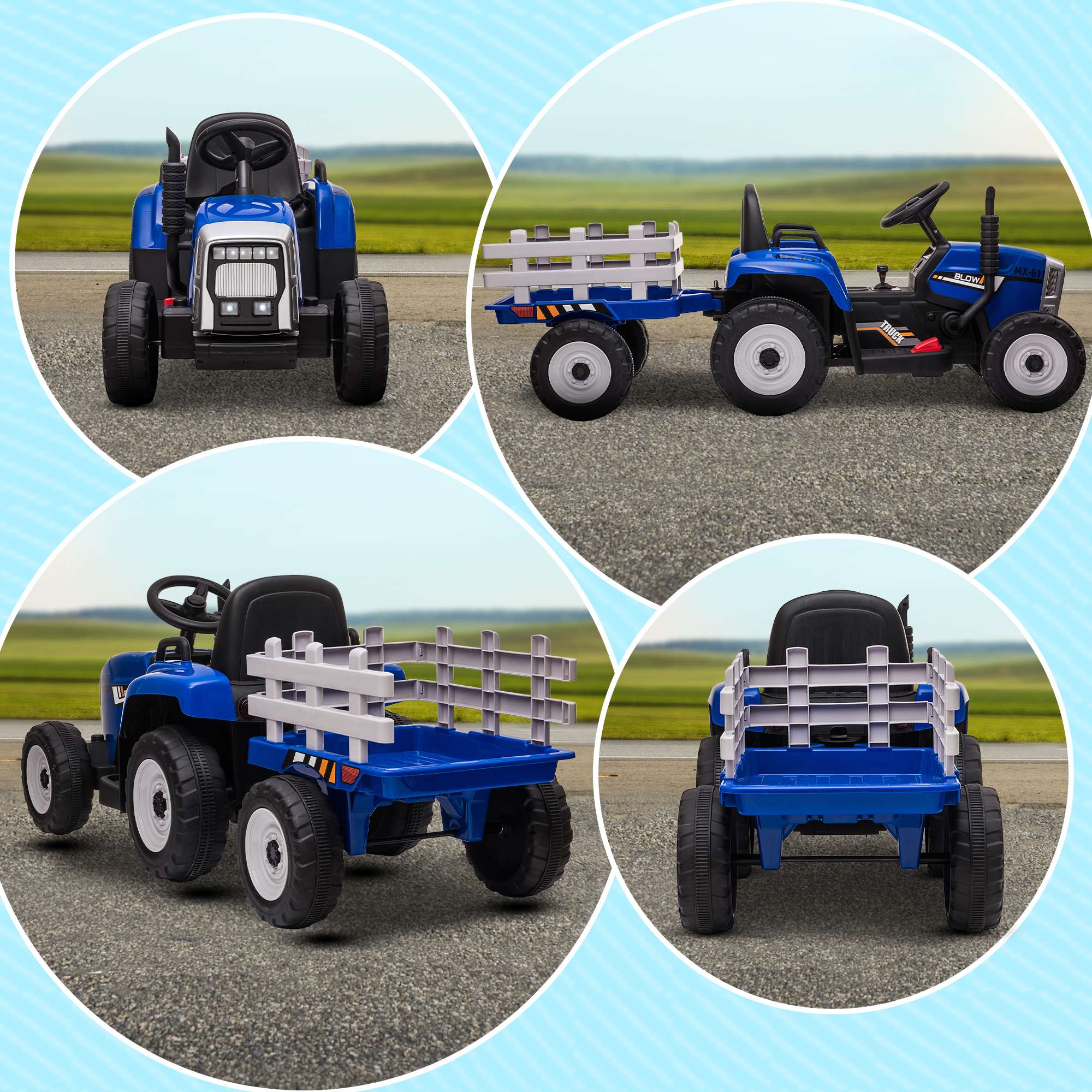 Kinder-Elektroauto mit Anhänger, Fernbedienung, Scheinwerfer, 3-6 km/h, für 3-6 Jahre, Blau