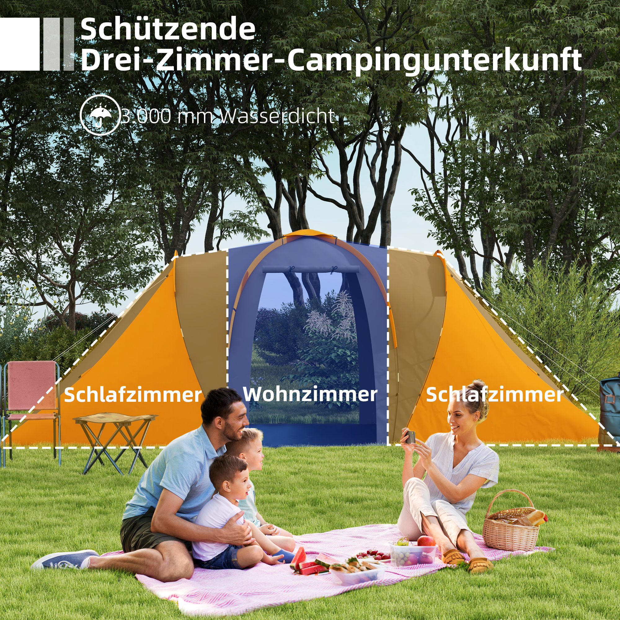 Tunnelzelt, 2000mm Wasserabweisend Campingzelt für 4-6 Personen, mit 2 Schlafzimmern Wohnbereich Tragetasche Grau+Orange