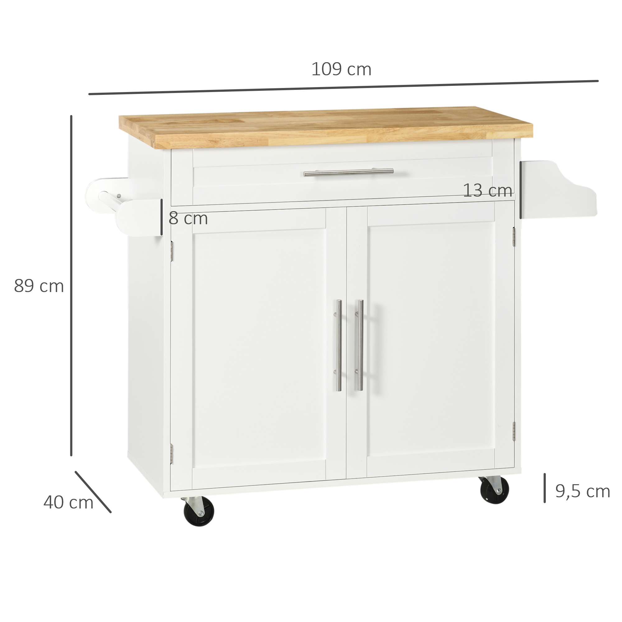 Küchenwagen Servierwagen Kücheninsel, 1 Gewürzregal, 1 Handtuchhalter, 109 cm x 40 cm x 89 cm, Weiß