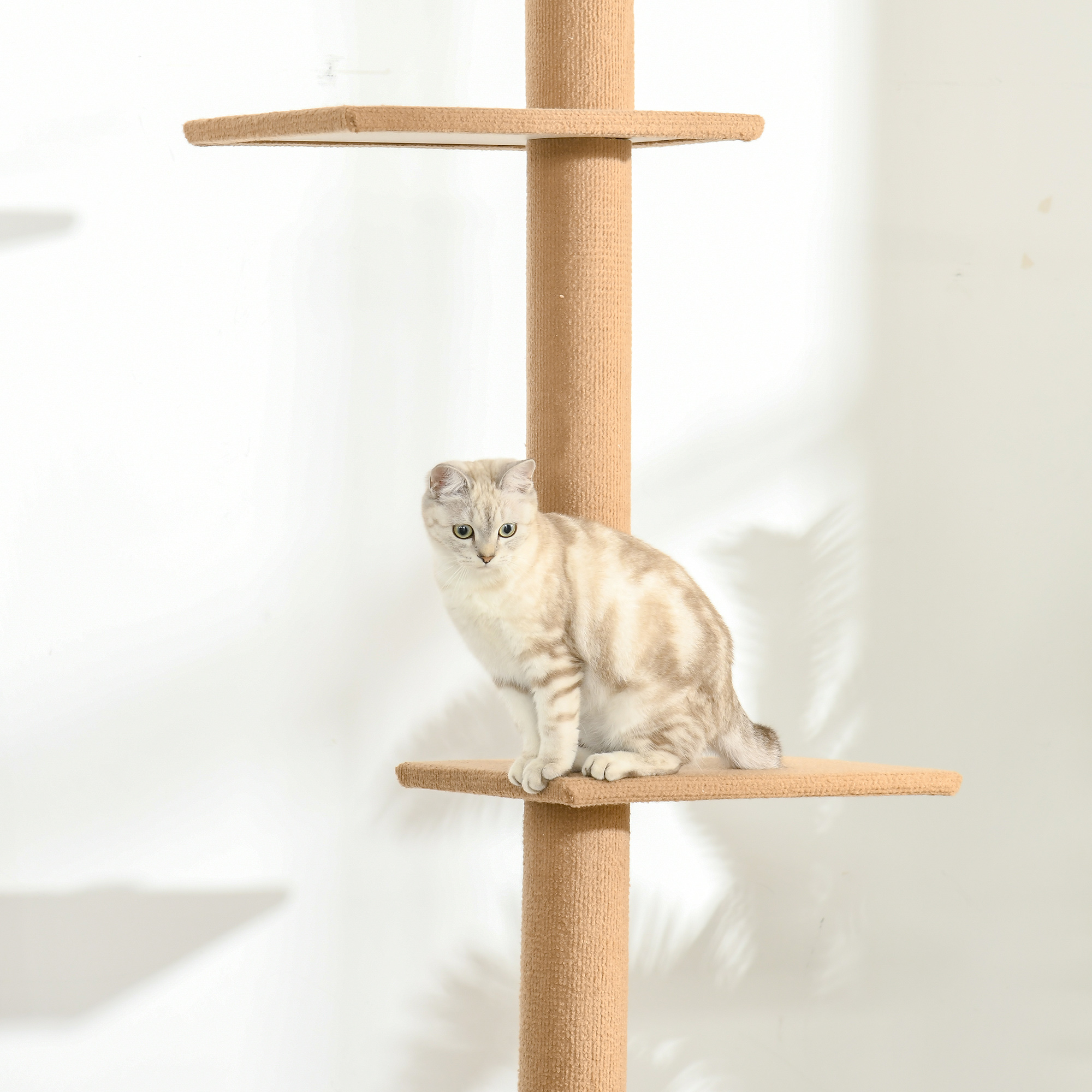Kratzbaum Deckenhoch, 228-260 cm Höhenverstellbarer Katzenbaum Kletterbaum für Katzen mit 3 Ebenen, Katzenkratzbaum, Spielbaum vom Boden bis zur Decke Hellbraun
