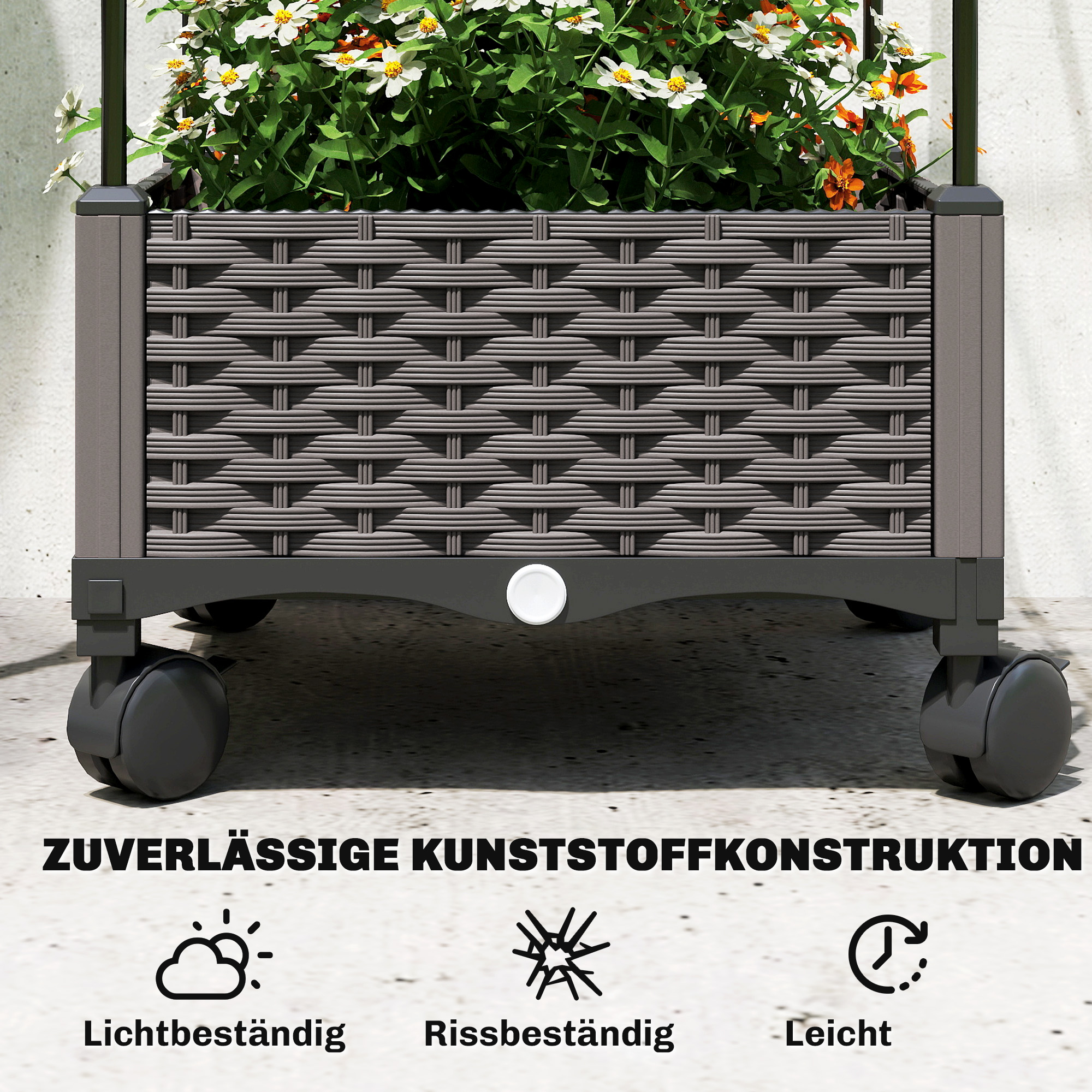 Hochbeet mit Rankgitter mobiler Blumenkasten mit Rolle Abflussloch, Pflanzkasten 40 x 40 x 185 cm