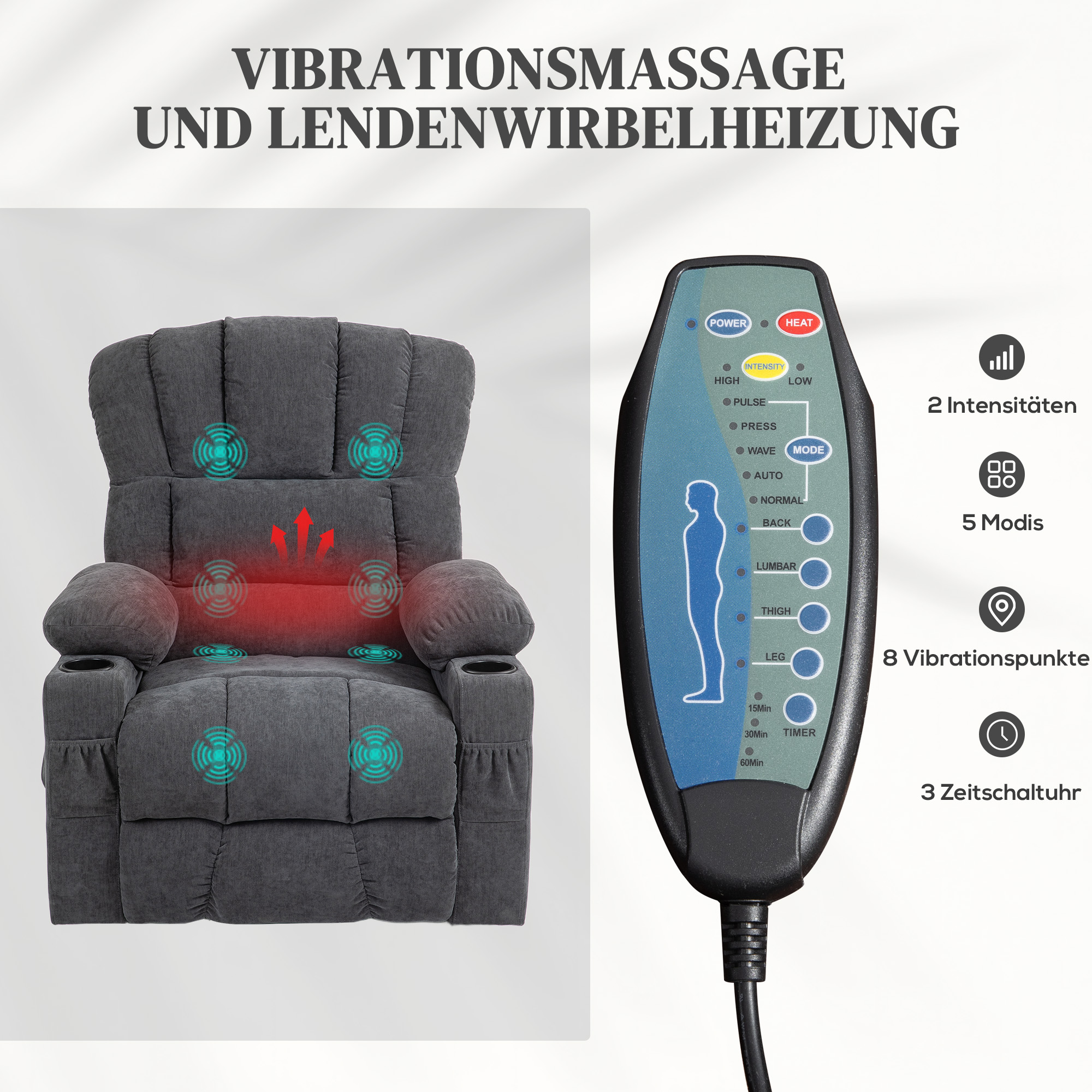 Elektrischer Power Lift Aufsteh-Sessel mit Massage- und Wärmefunktion, USB-Anschlüssen, Becherhaltern, Dunkelgrau