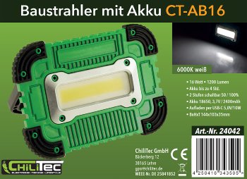 Baustrahler mit Akku "CT-AB16" / 16W, 1200Lumen, Ständer + Magnethalter