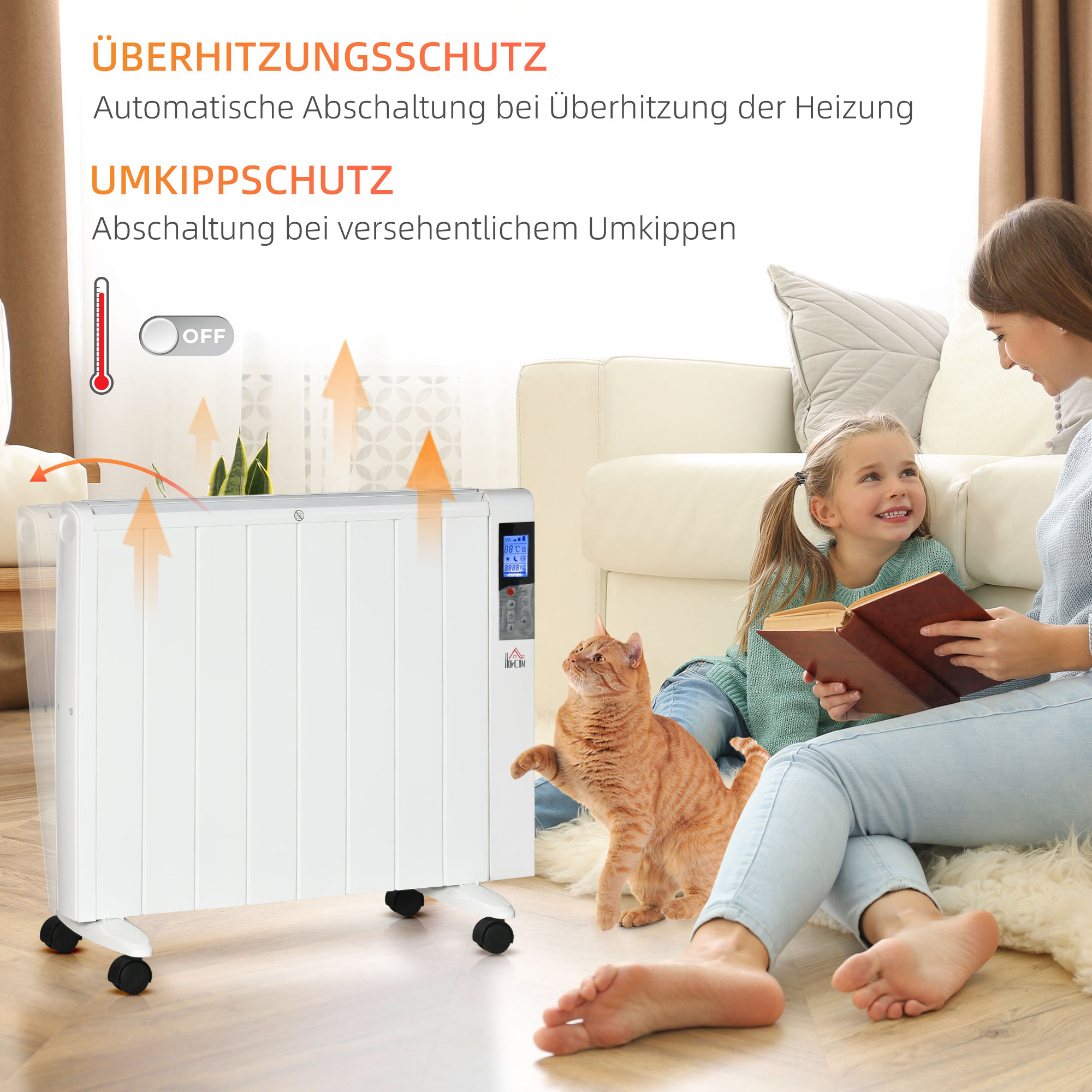 Elektroheizung mit Rollen, 9 vorinstallierte Modi, Wandmontage möglich, 5-35° C, weiß, 75 x 7,5 x 58,5 cm