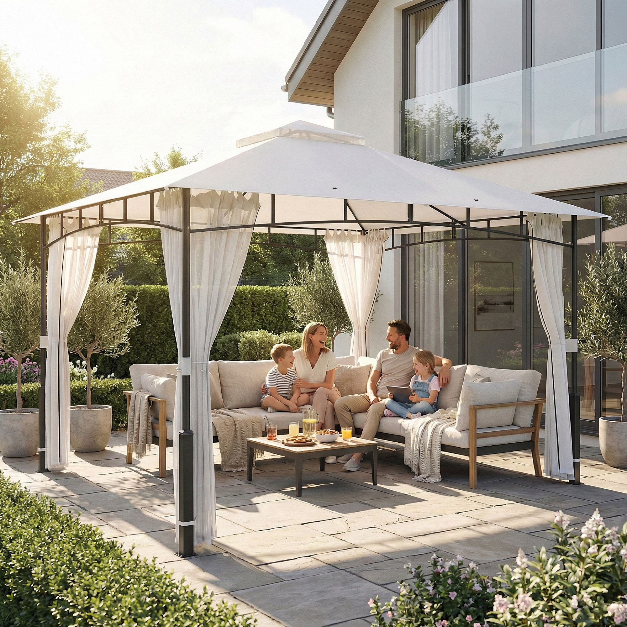 Pavillon, 3x3,6 m wasserabweisend Stabil Gartenpavillon mit Moskitonetz, Doppeldach, für Garten, Terrasse, Schwarz