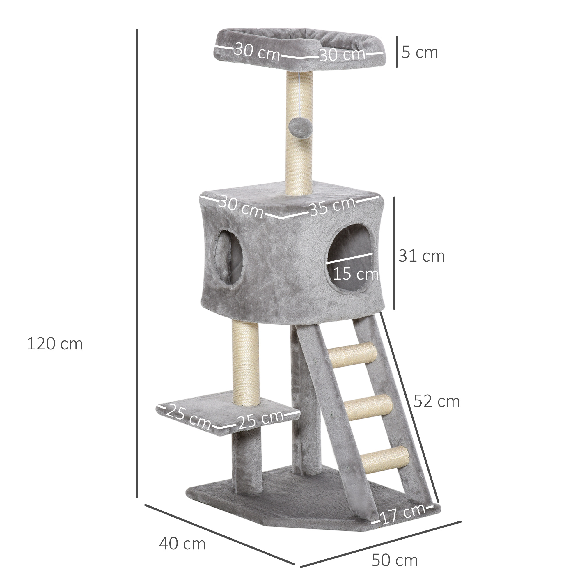 Kratzbaum 120 cm Katzenturm mit Höhle, Spielball, Sisalstämme,  Plattform, Treppe, mehrstöckiger Katzenkratzbaum, Kletterbaum für Katzen, Hellgrau