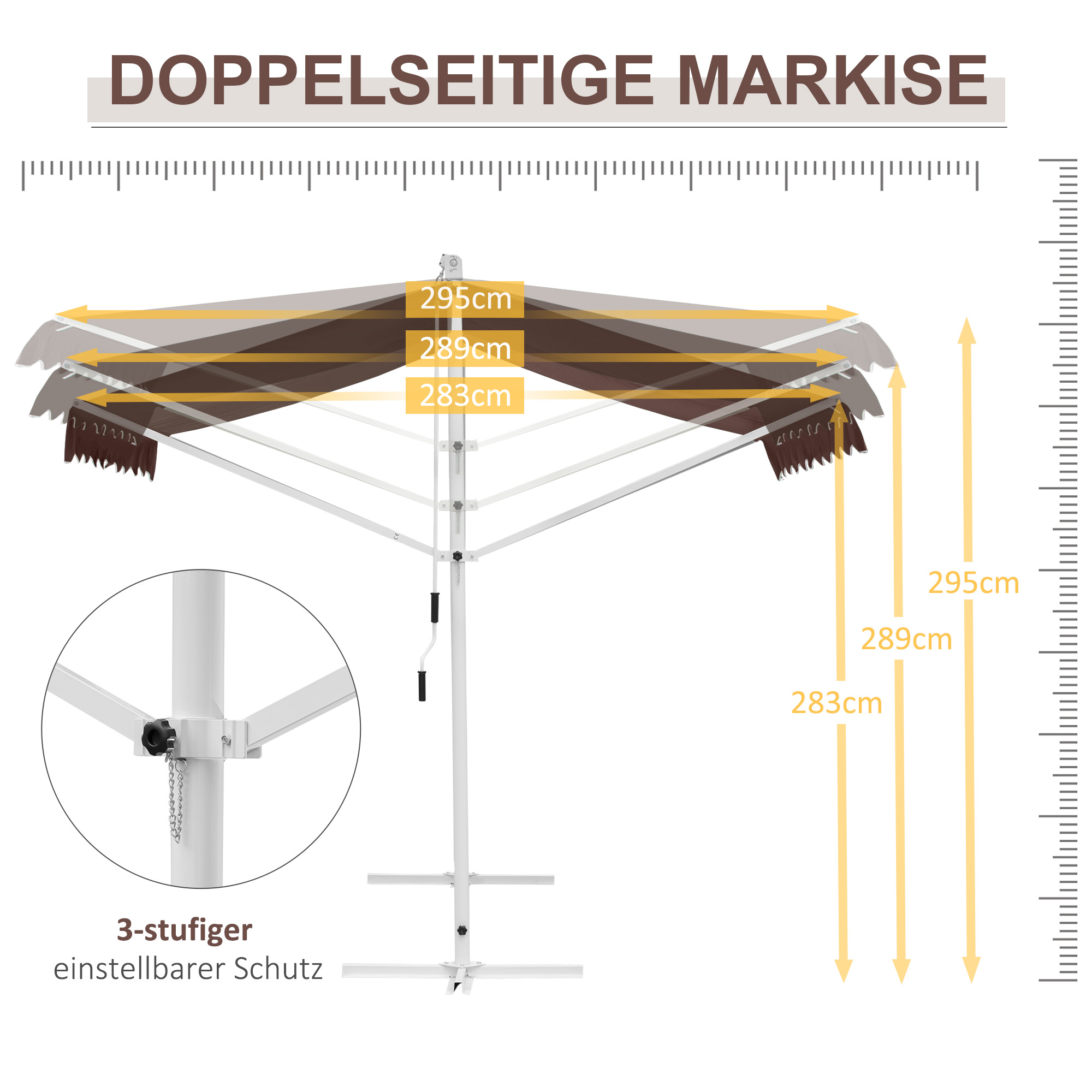 Freistehende Markise 4,5x3,4m, neigungsverstellbar, Kurbel, Metallgestell, Braun