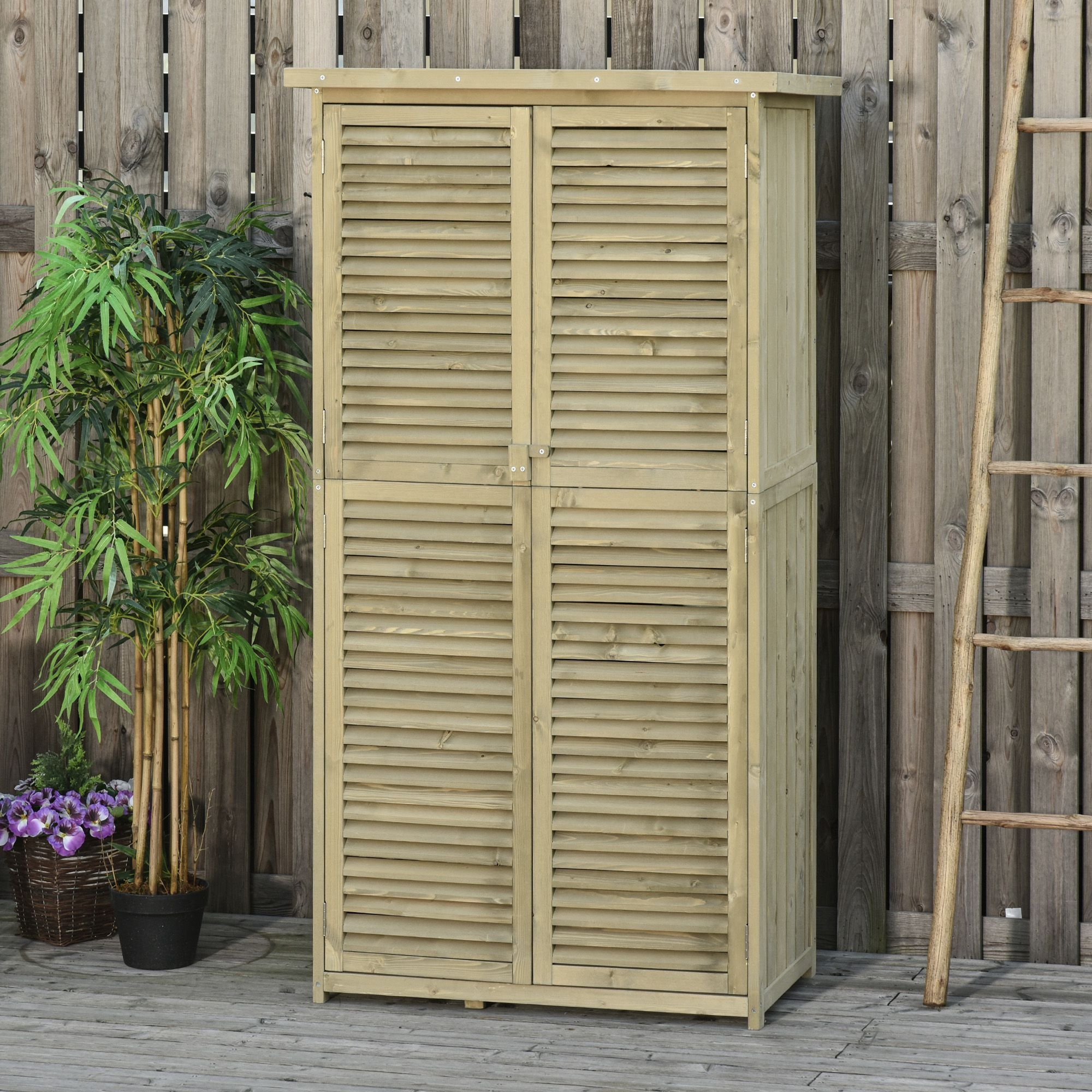 Gartenschrank Holz Geräteschuppen Gerätehaus mit Asphaltdach Lamellentür Geräteschrank Schuppen Garten 4 Fächer Grau 87 x 46,5 x 160 cm